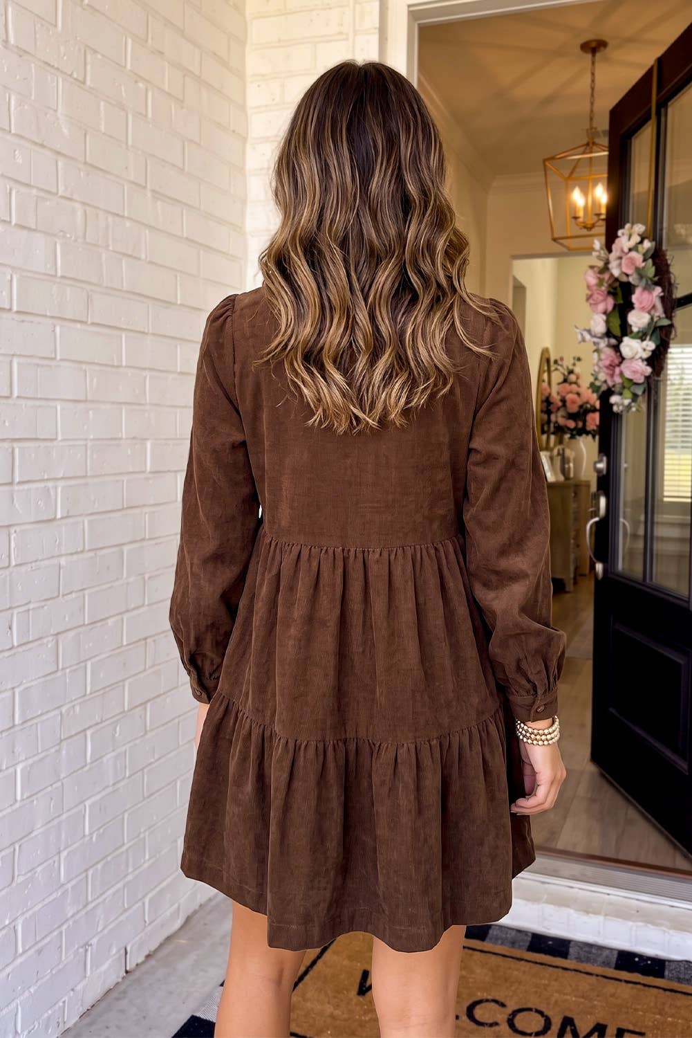 Retro Bow Knot Front Corduroy Mini Dress