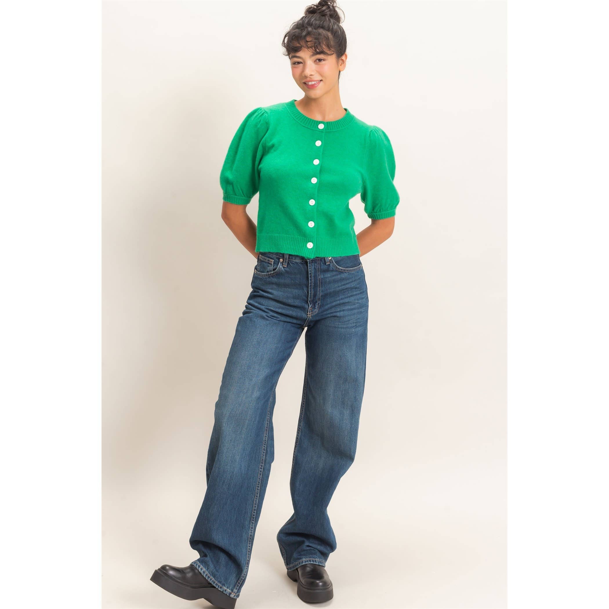 Button Front Puff Short Sleeve Cardigan
