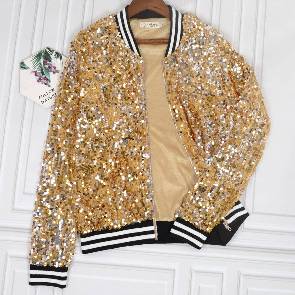 Game Day Sequin Bomber Zip-Up Jacket