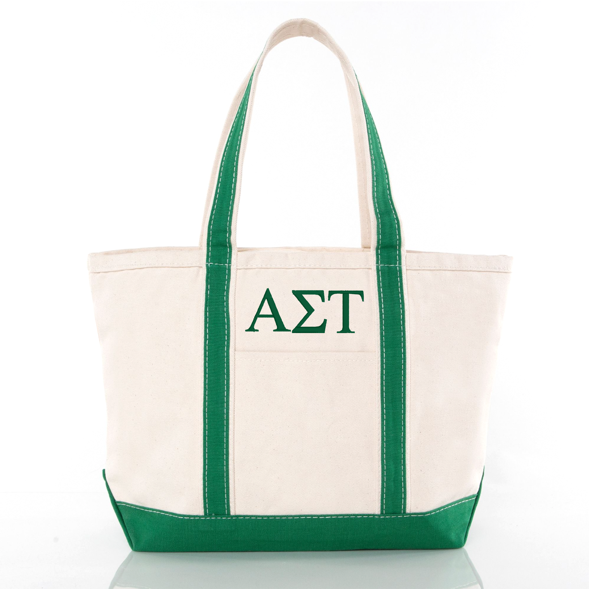 A beige tote bag with green trim and the letters 'ΣΛΑ' printed on it.