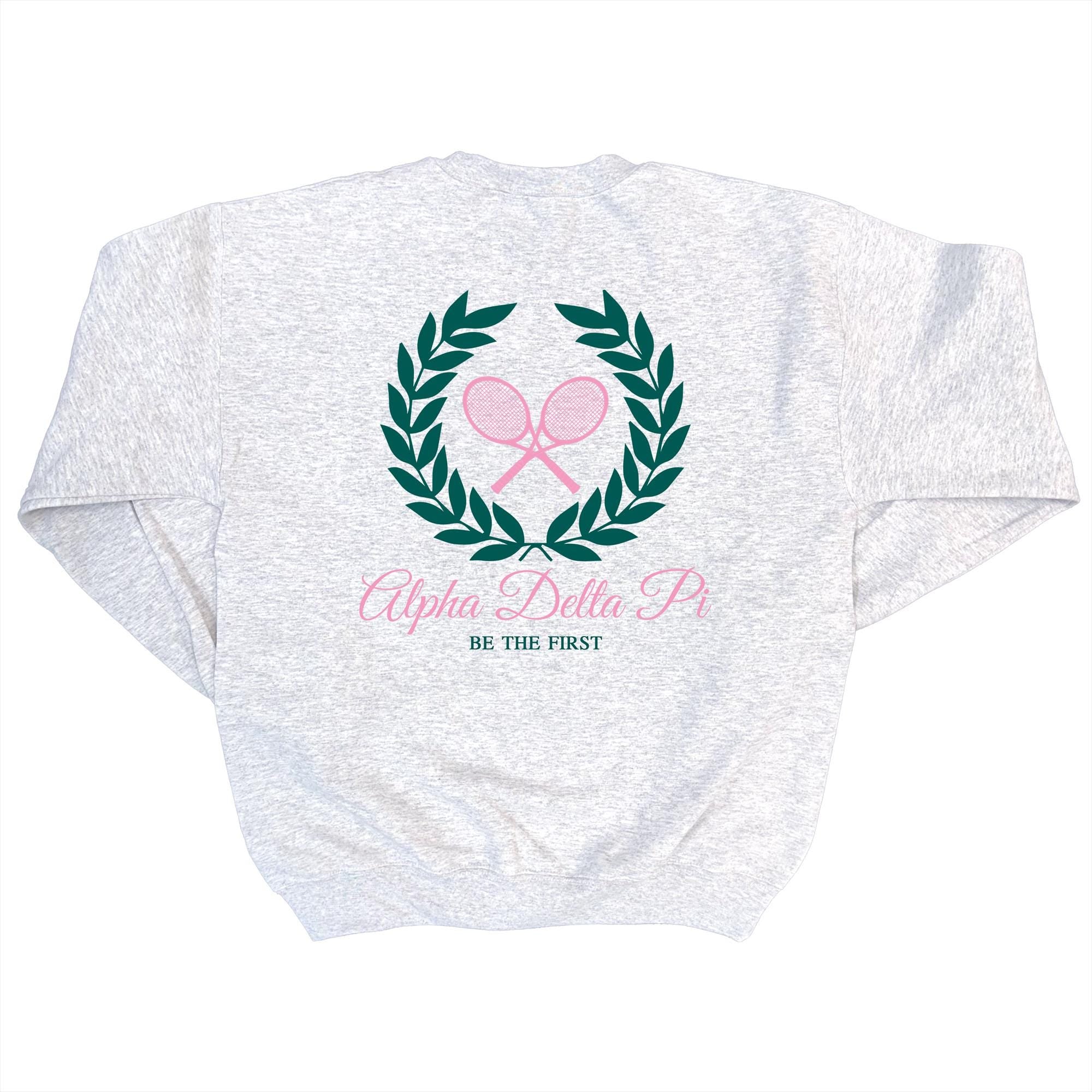 Alpha Delta Pi Tennis Club - Embroidered & Printed Preppy Sorority Sweater - Ash