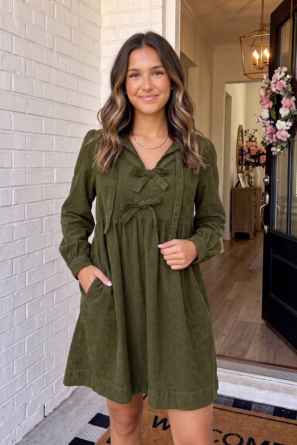 Retro Bow Knot Front Corduroy Mini Dress