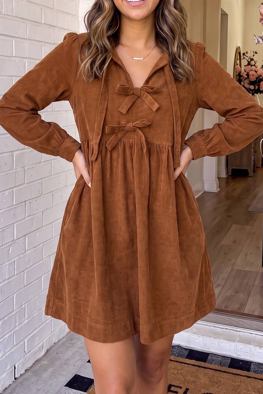 Retro Bow Knot Front Corduroy Mini Dress