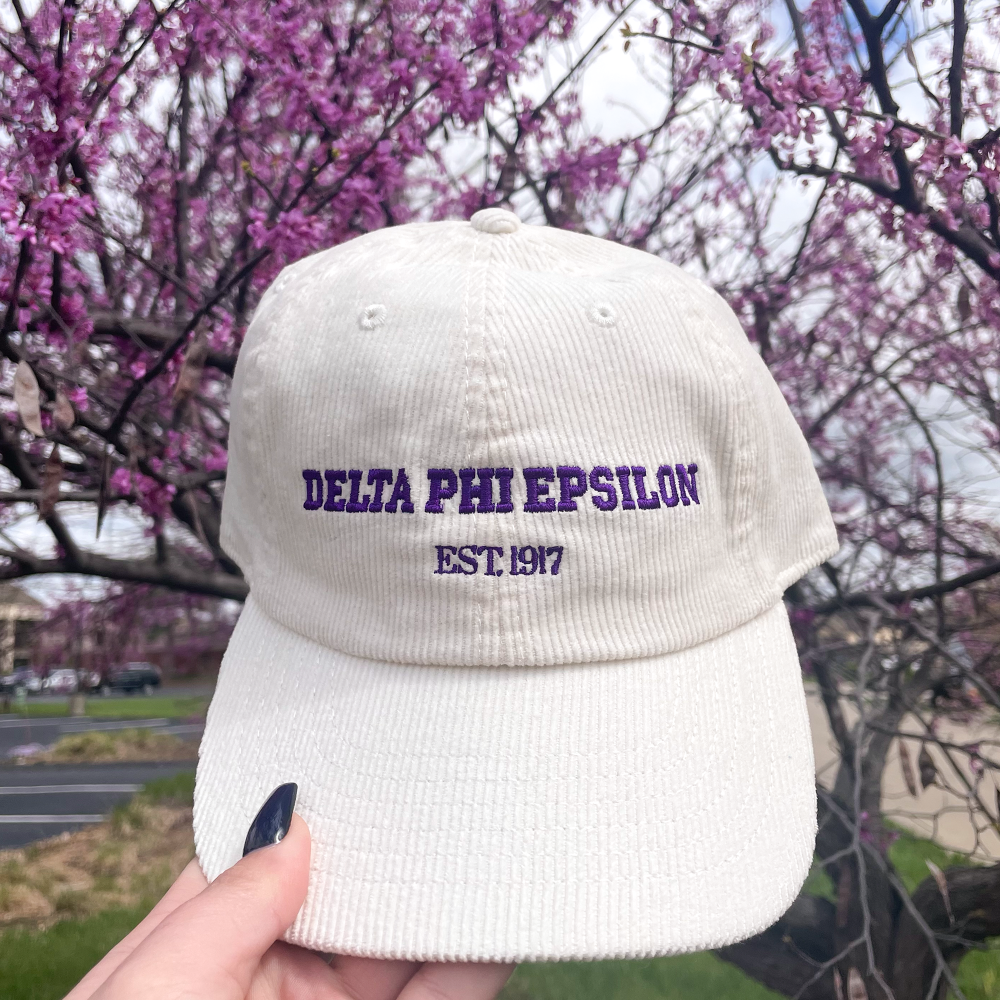 a person holding up a white hat with the delta phi phi phi phi phi phi