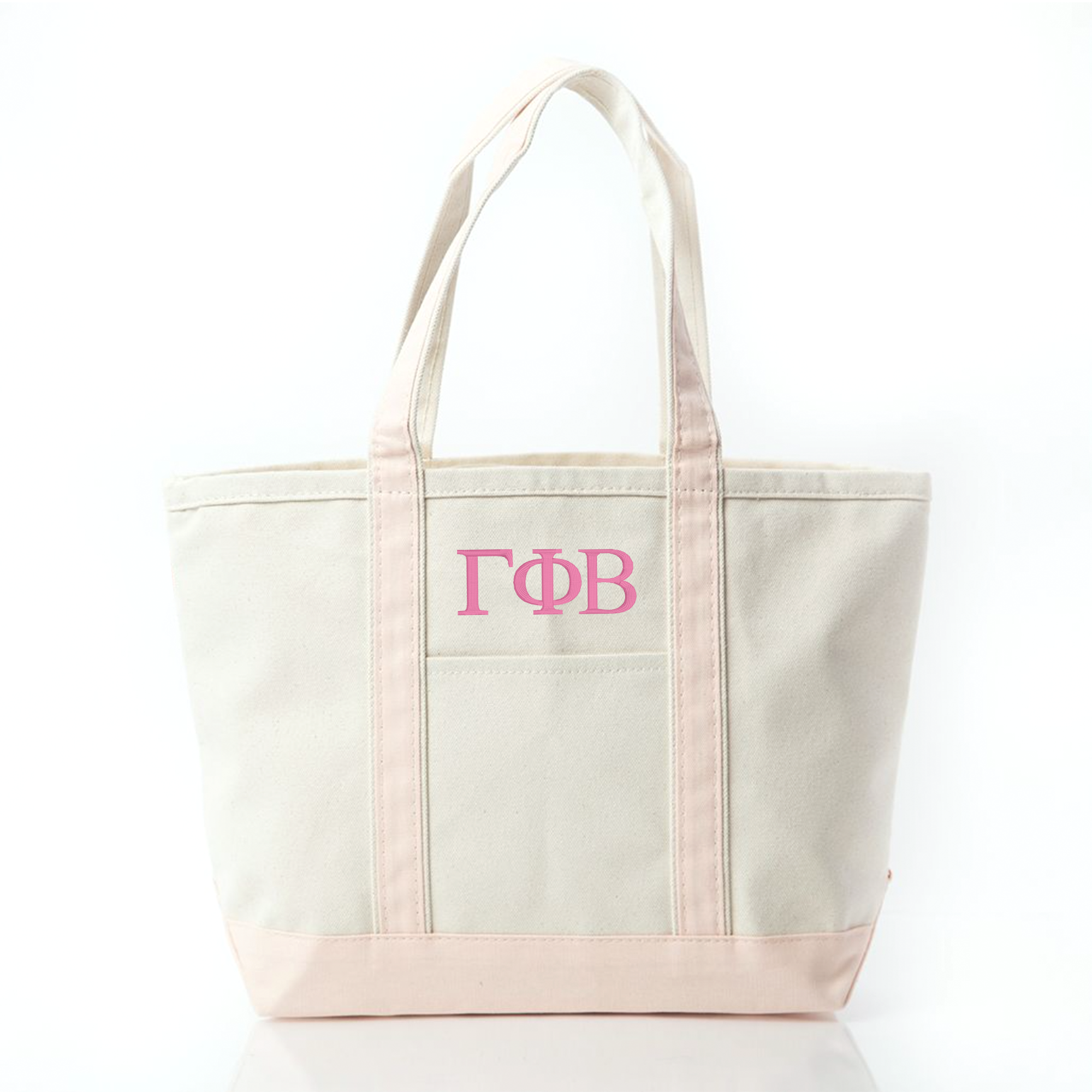A beige tote bag with pink straps and a logo on the front.