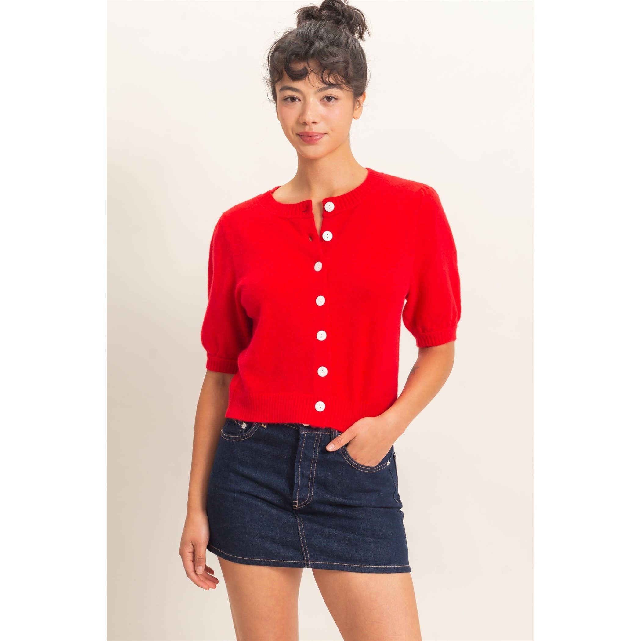 Button Front Puff Short Sleeve Cardigan
