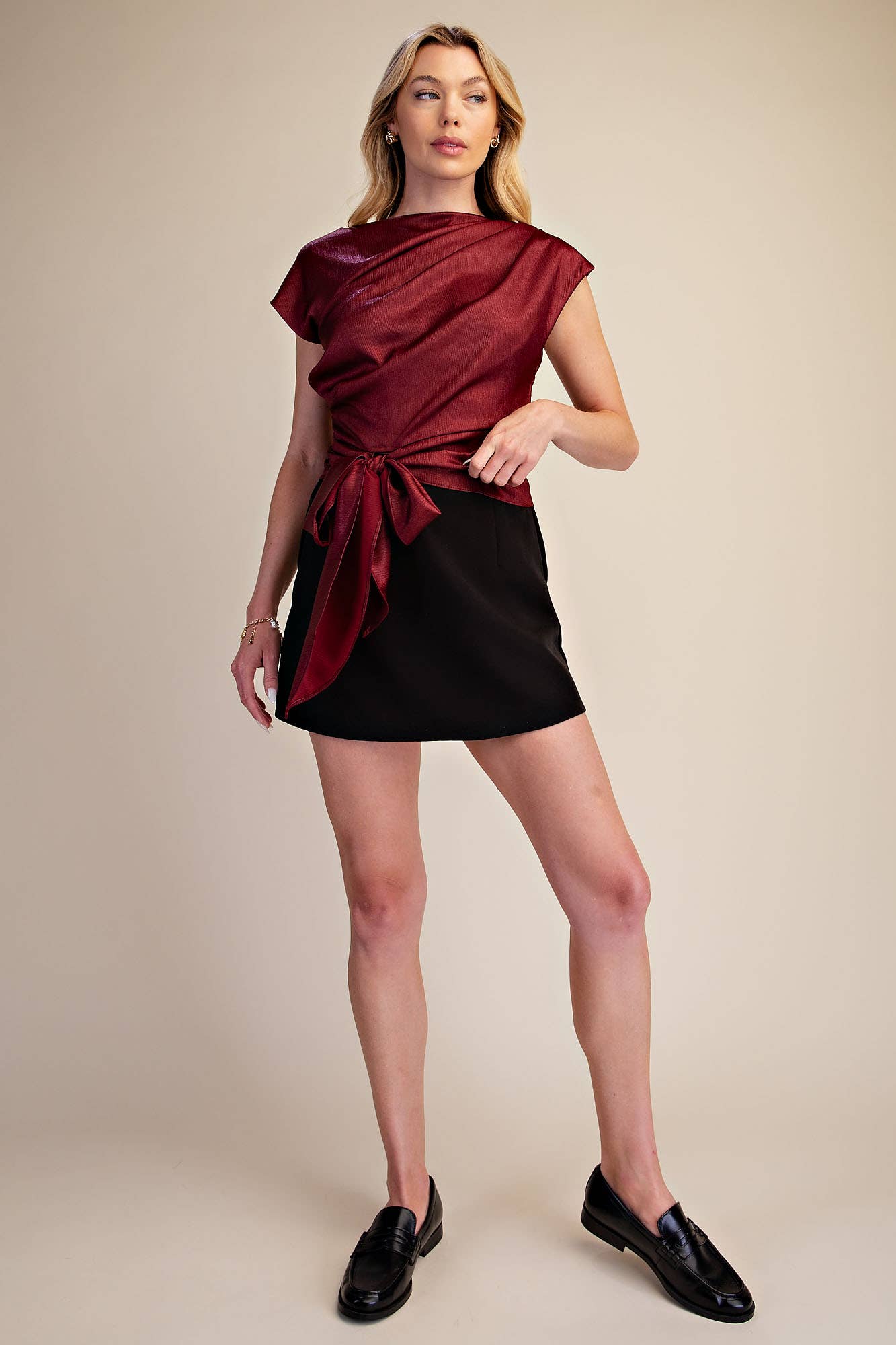 Asymmetrical Neck Waist Tie Blouse
