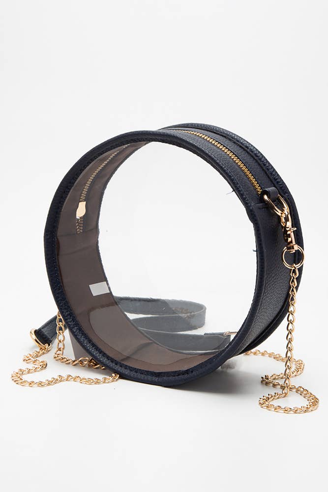 Solid Color Trim Clear Round Crossbody Bag: Black