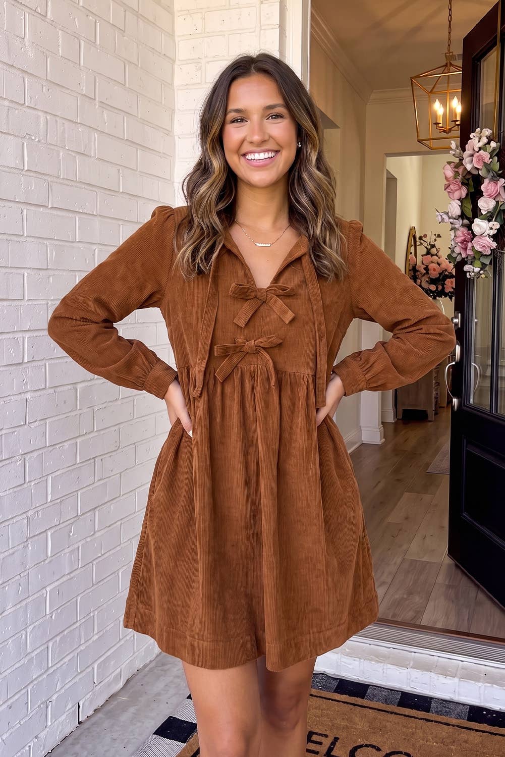 Retro Bow Knot Front Corduroy Mini Dress