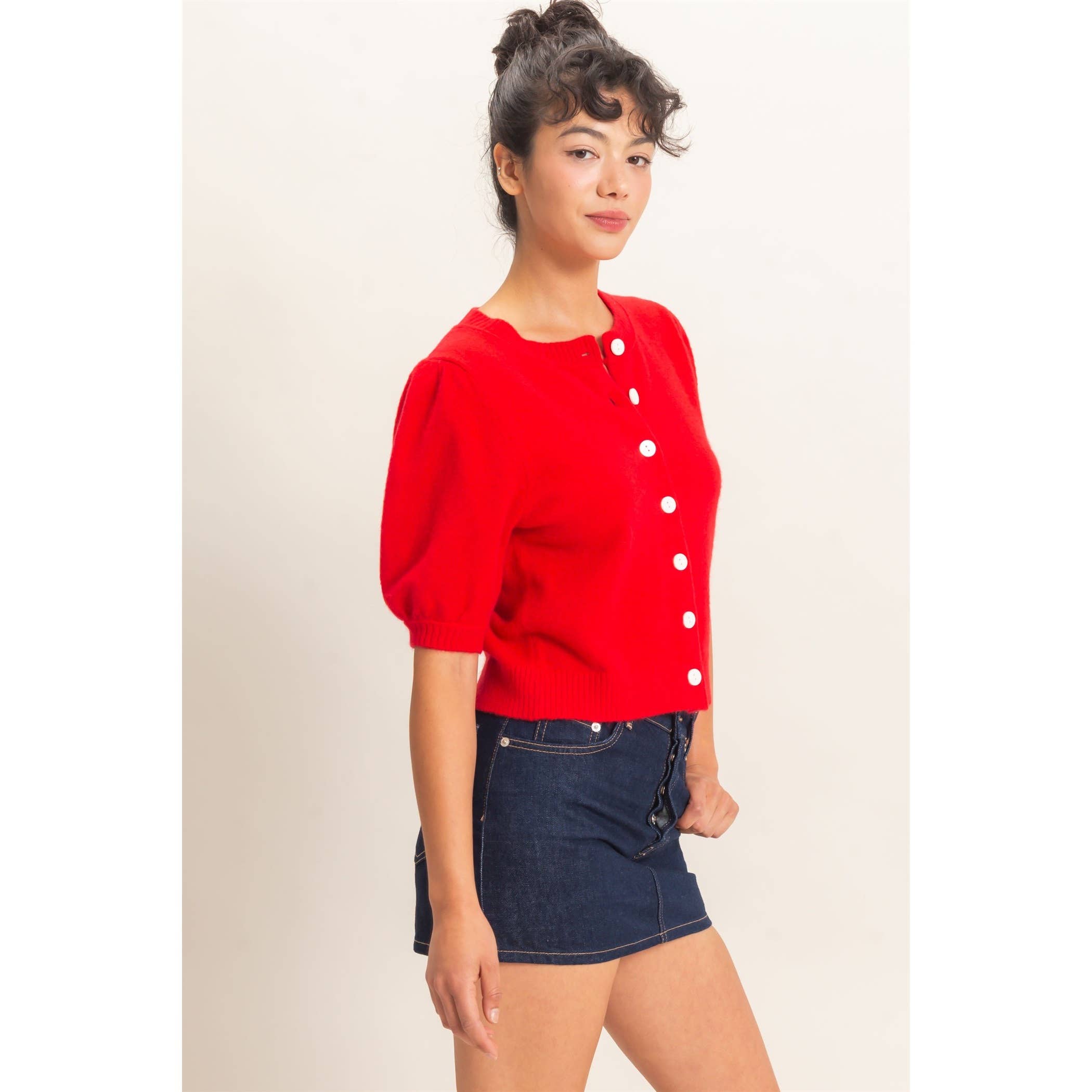 Button Front Puff Short Sleeve Cardigan