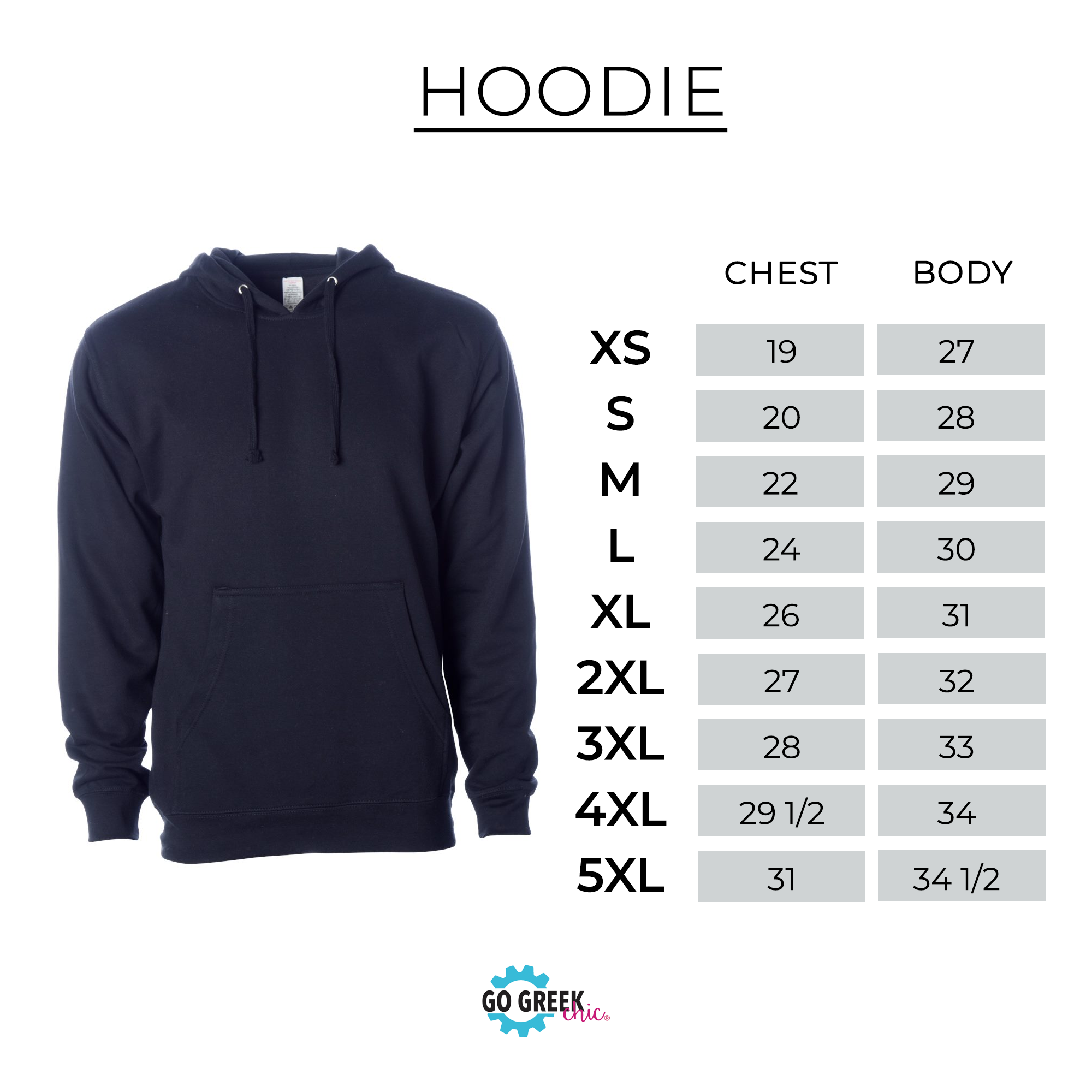 a navy blue hoodie with size and chest measurements listed below it.