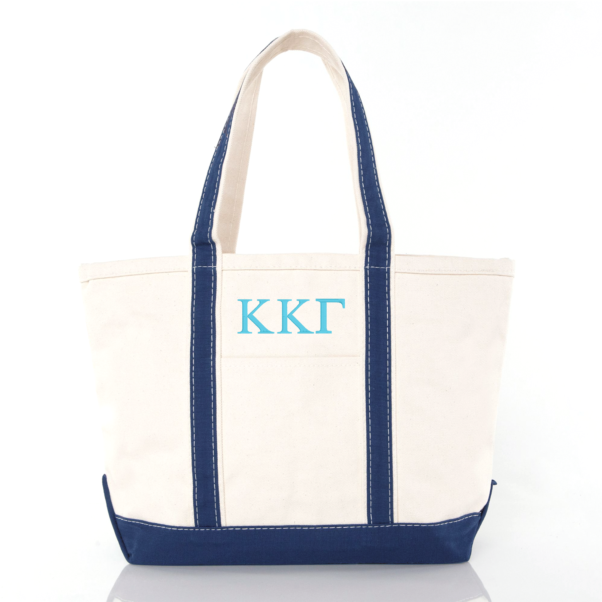 A white tote bag with blue trim and the initials "KKF" printed on it.