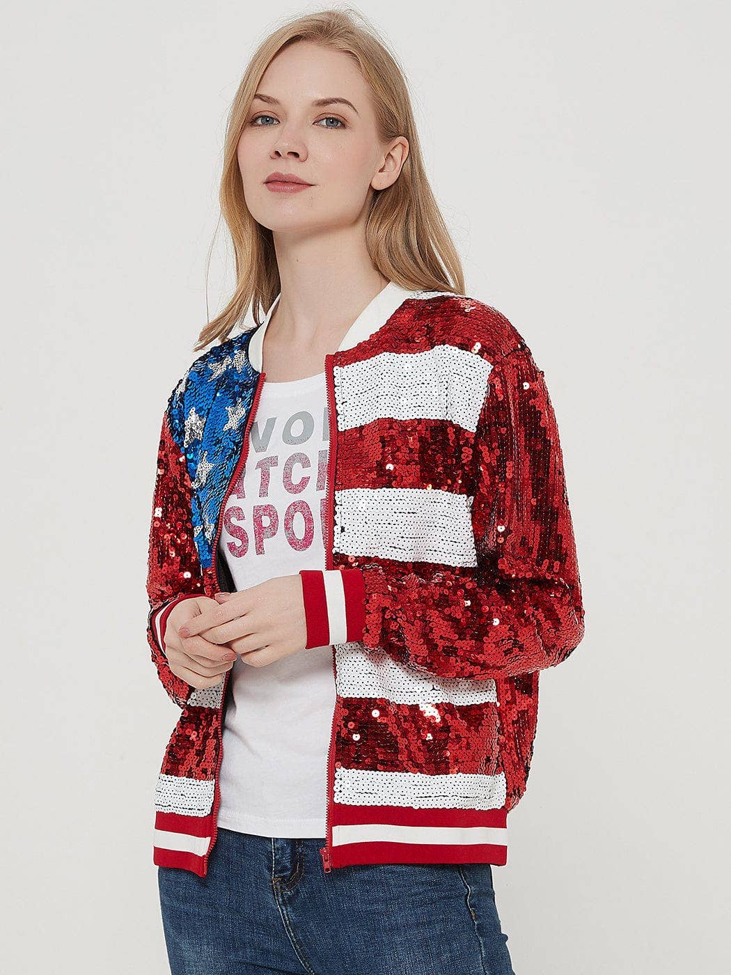 Game Day Sequin Bomber Zip-Up Jacket