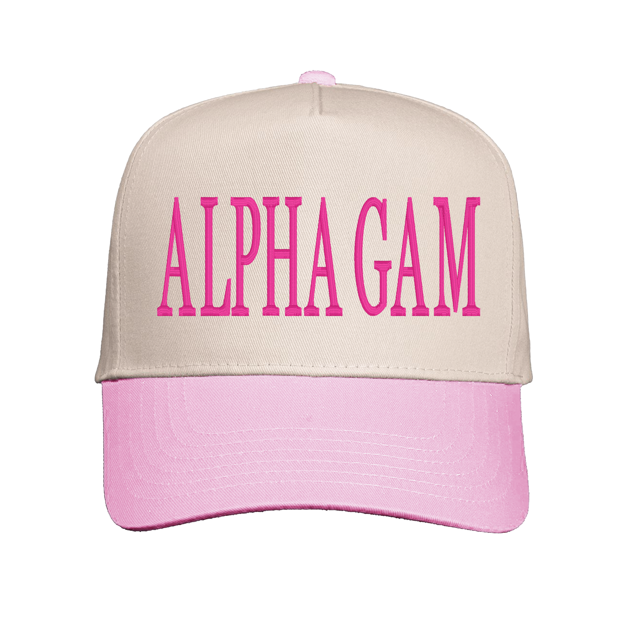 A pink and beige baseball cap with the text "ALPHA GAM" printed on it.