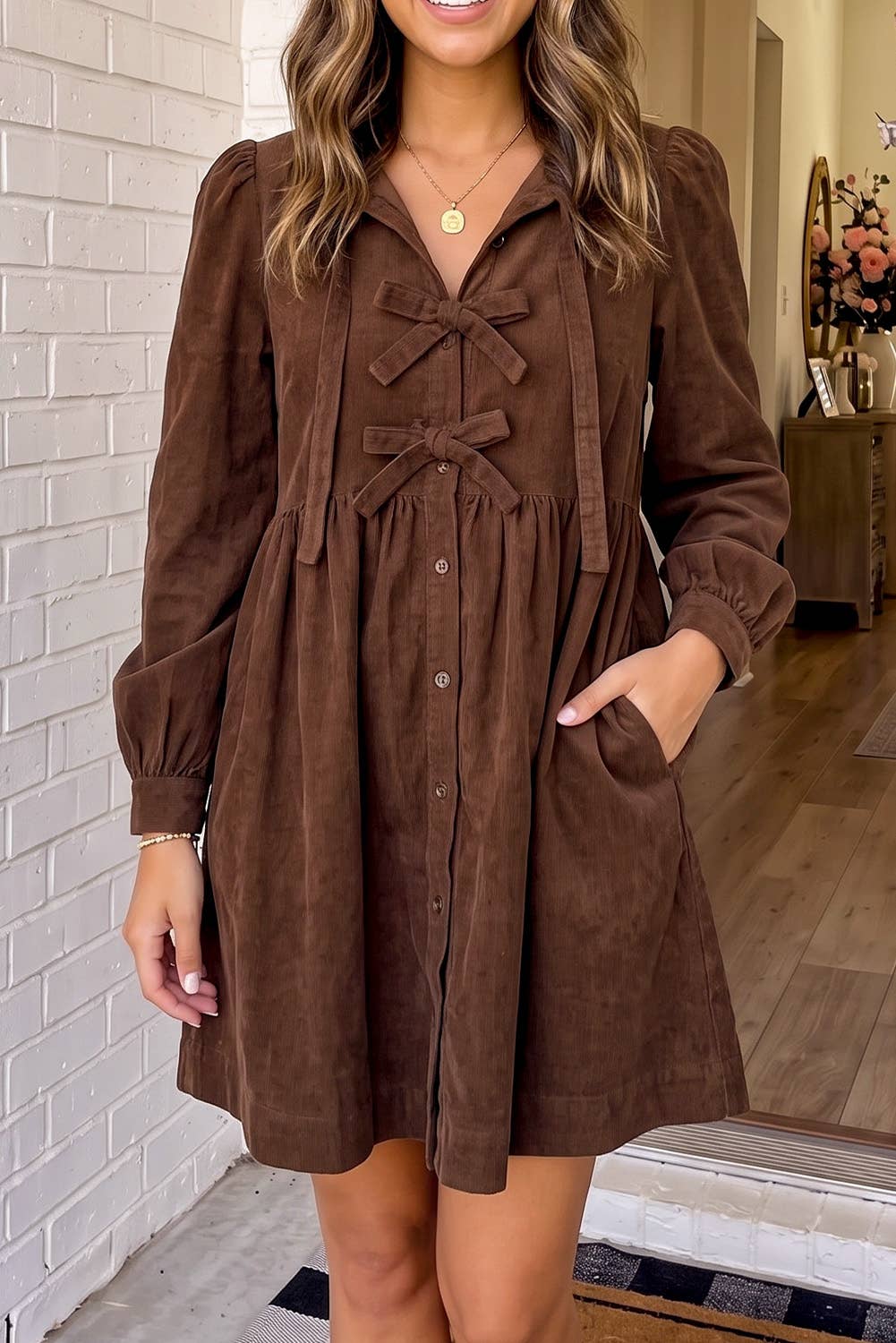 Retro Bow Knot Front Corduroy Mini Dress