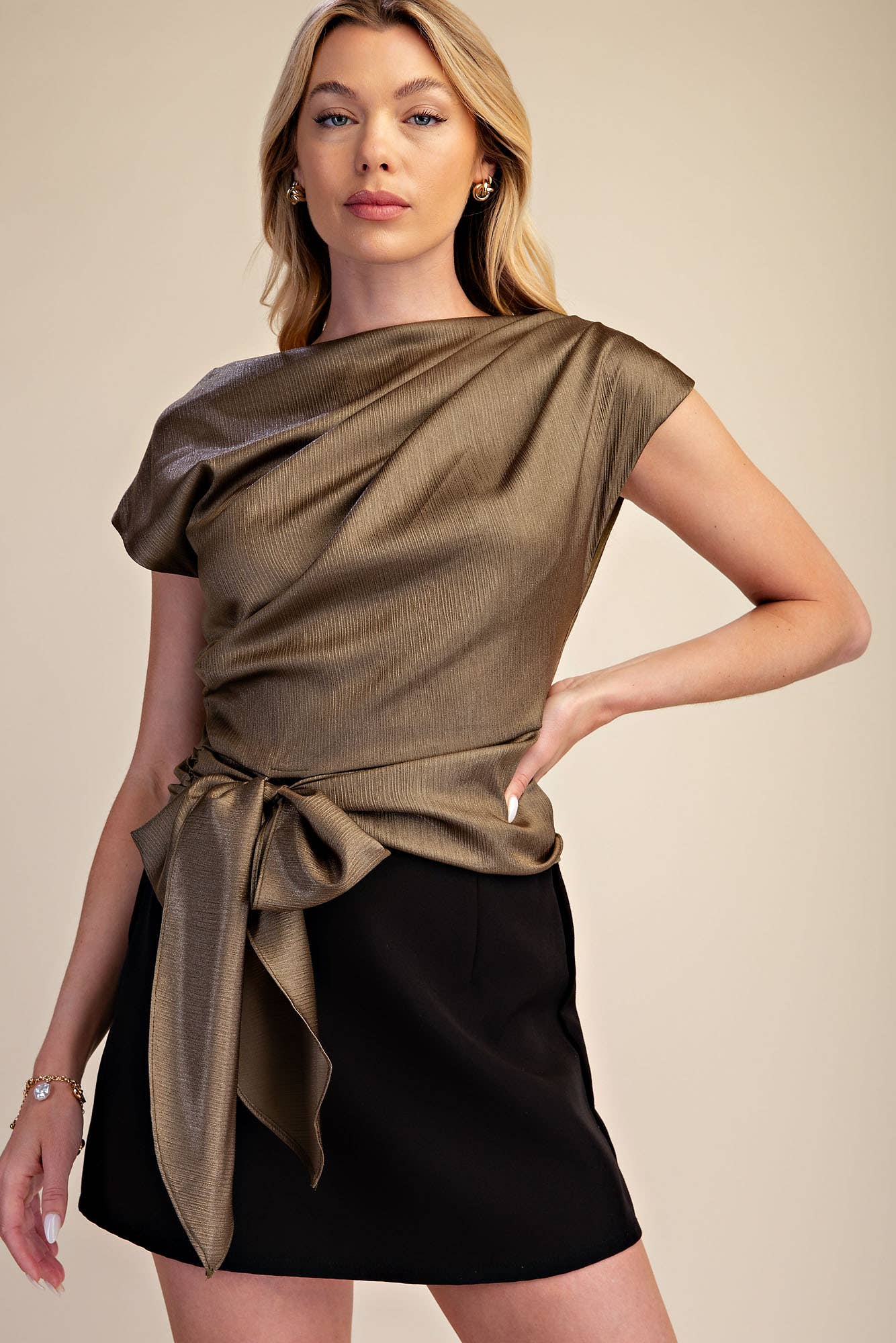 Asymmetrical Neck Waist Tie Blouse