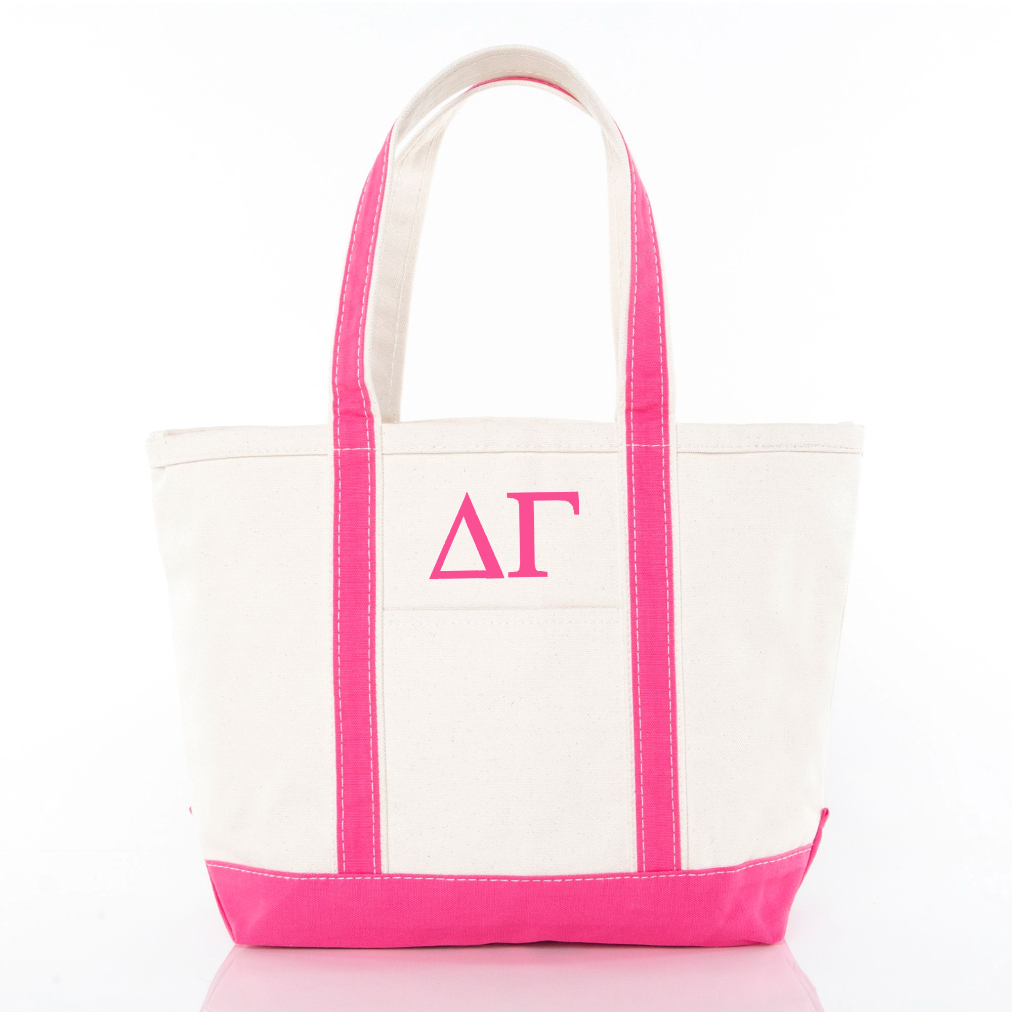 A white tote bag with pink trim and a pink Delta Kappa Phi (D Kappa Phi) logo on the front.