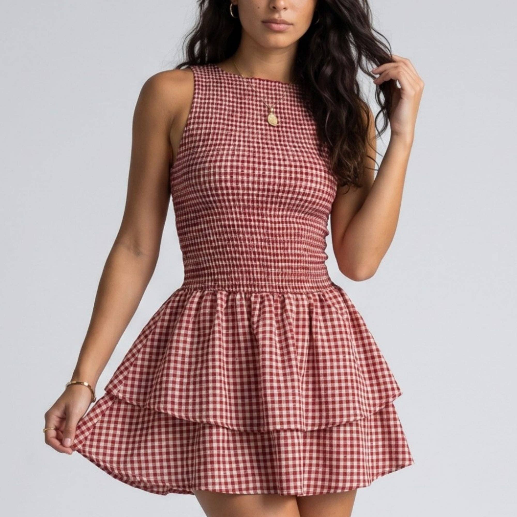 Gingham Sleeveless Smocked Mini Dress with Tiered Ruffle Skirt