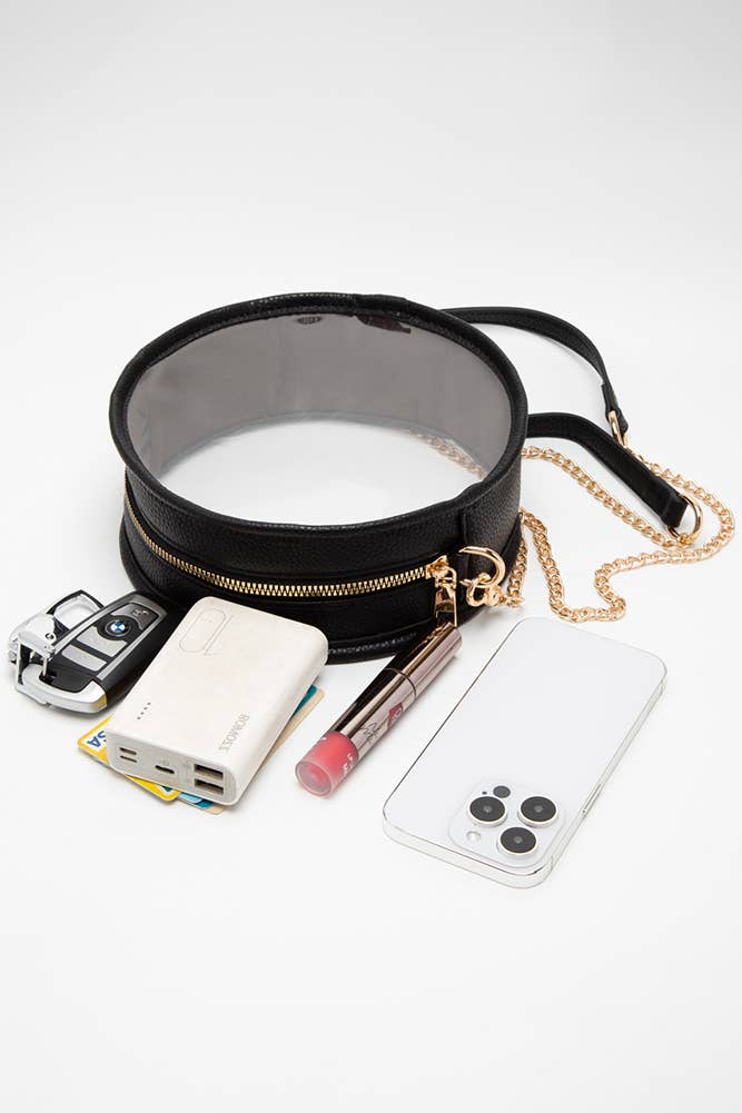 Solid Color Trim Clear Round Crossbody Bag: Gold