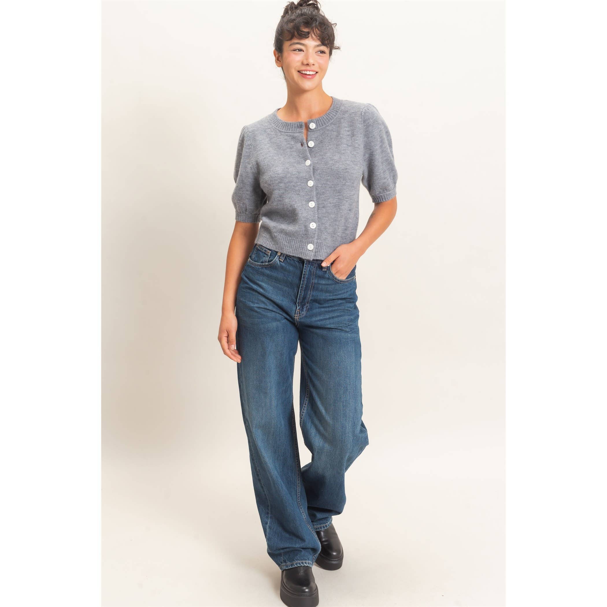 Button Front Puff Short Sleeve Cardigan