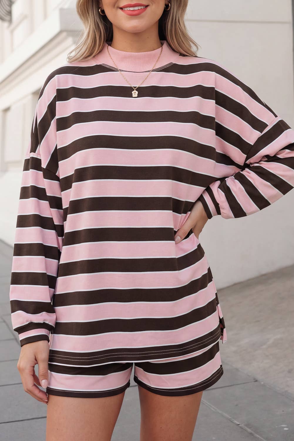 Striped Print Mock Neck Oversized Shorts Set