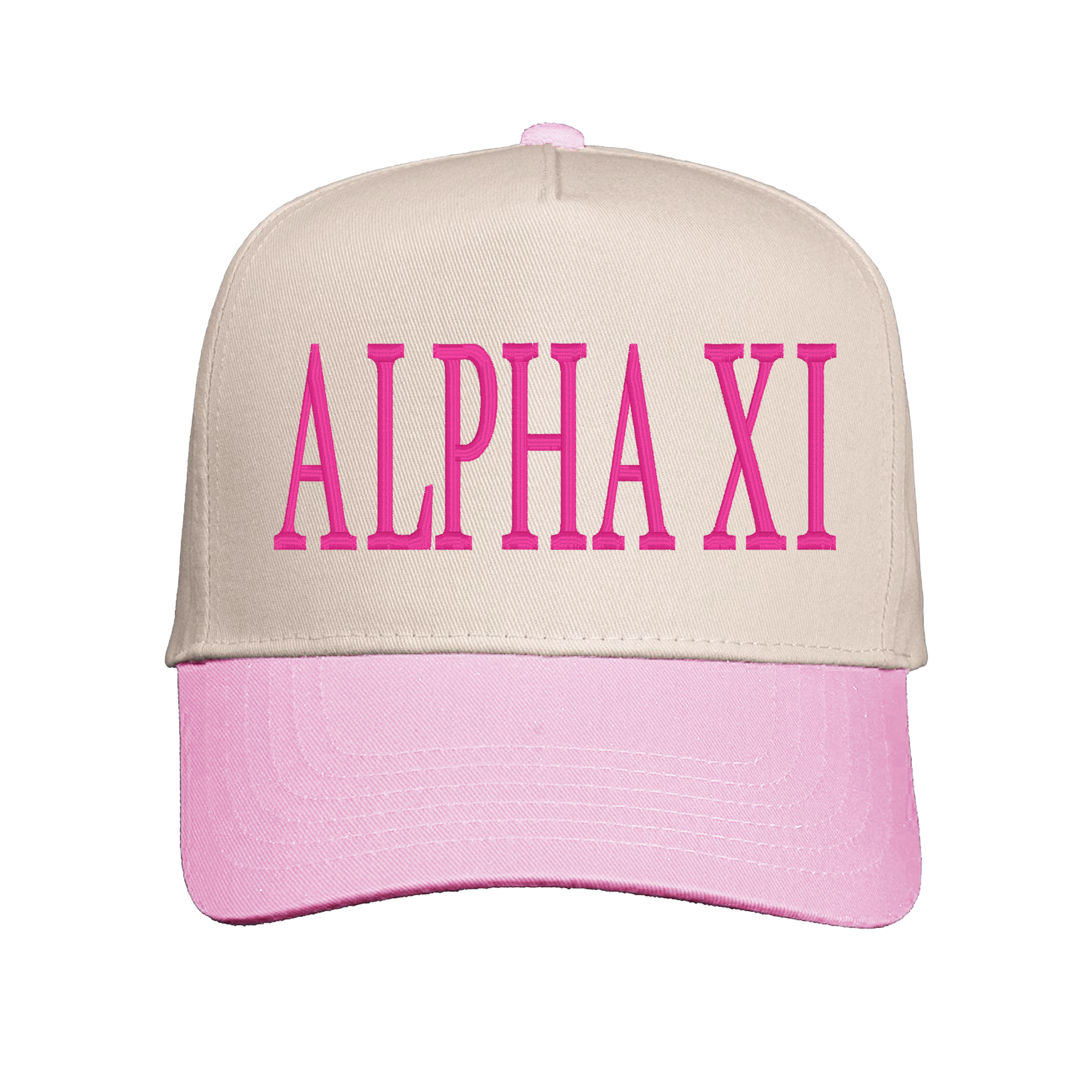 A pink and beige baseball cap with the text "ALPHA XI" printed on it.