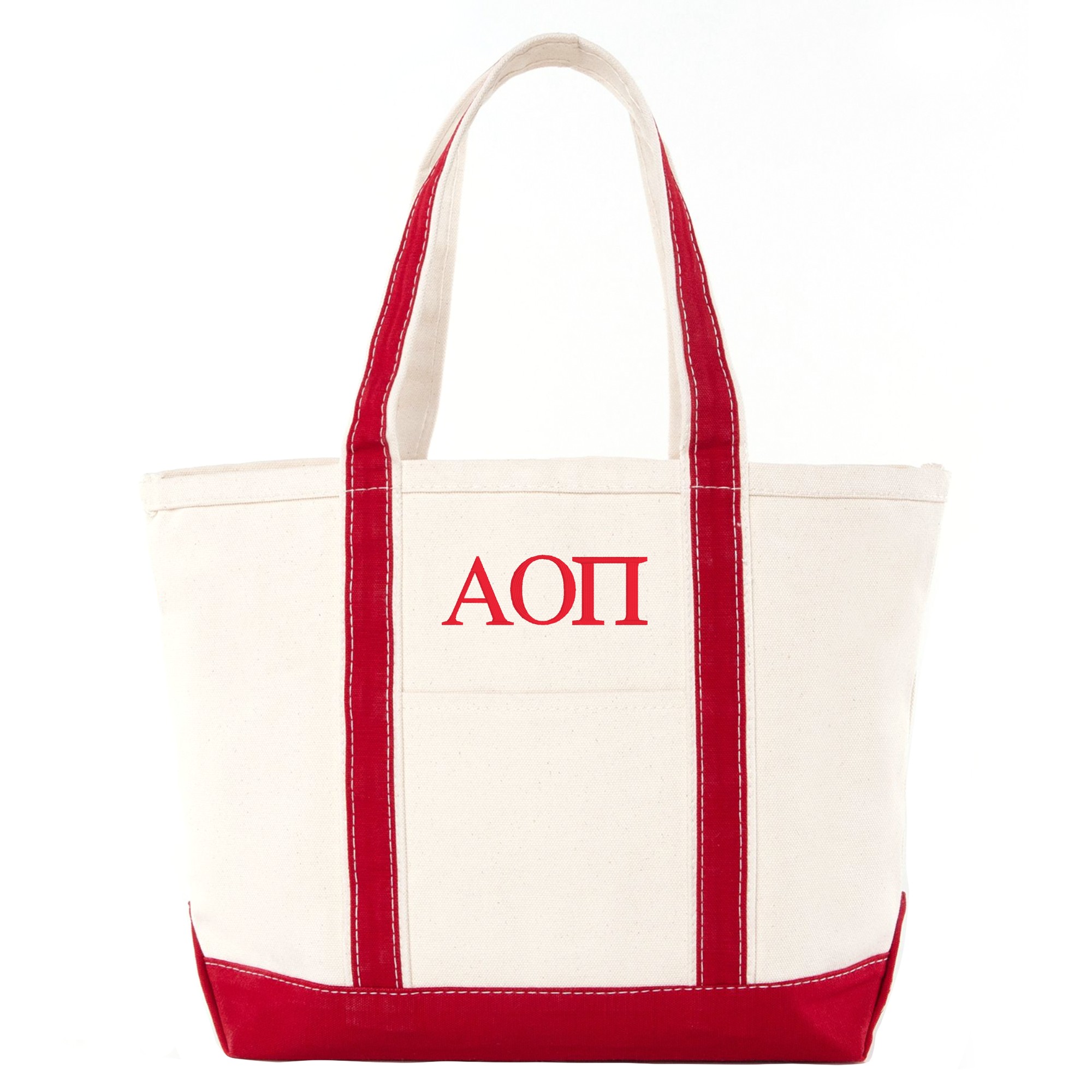 A white tote bag with red trim and the Greek letters "ΑΓΟΥ" printed on it.