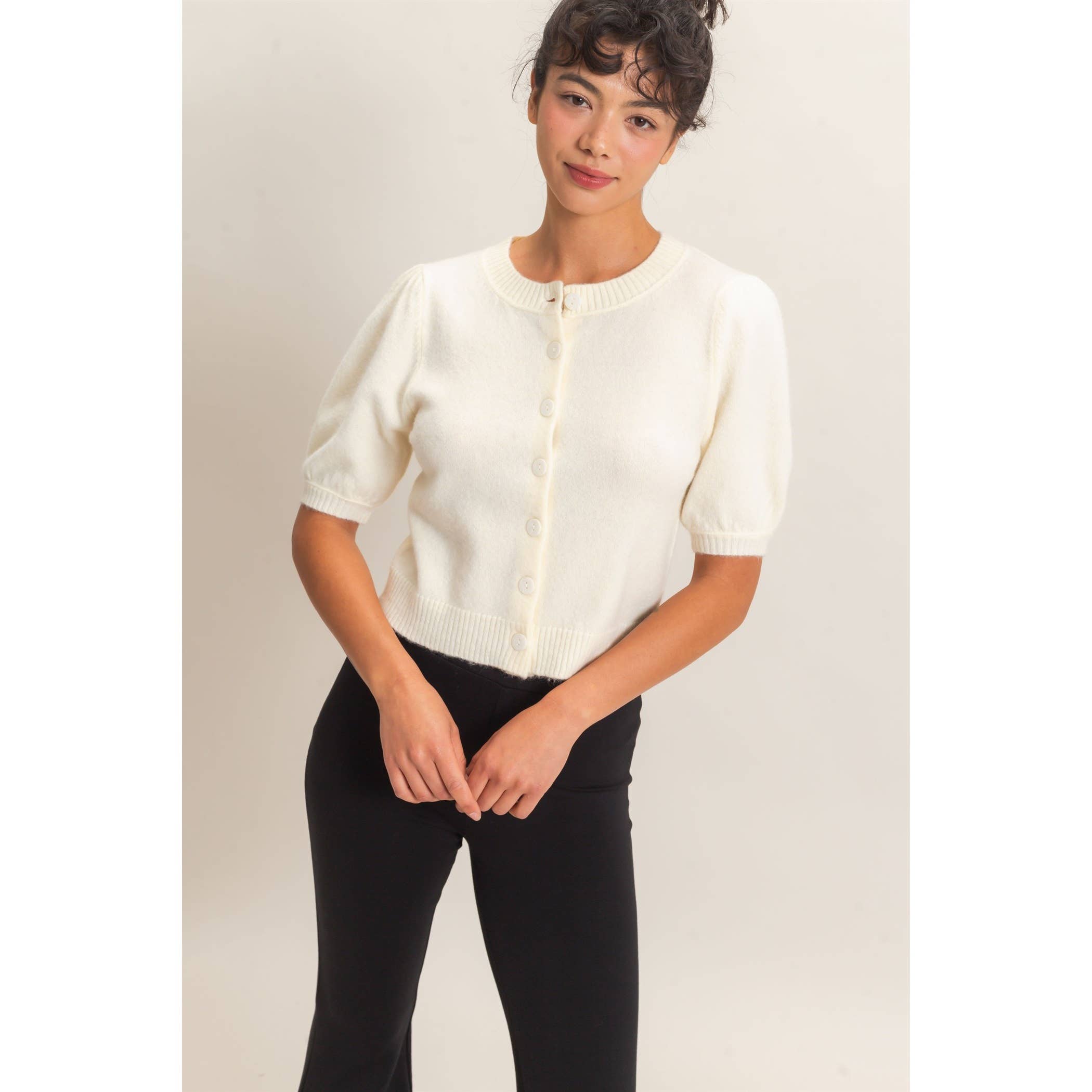 Button Front Puff Short Sleeve Cardigan