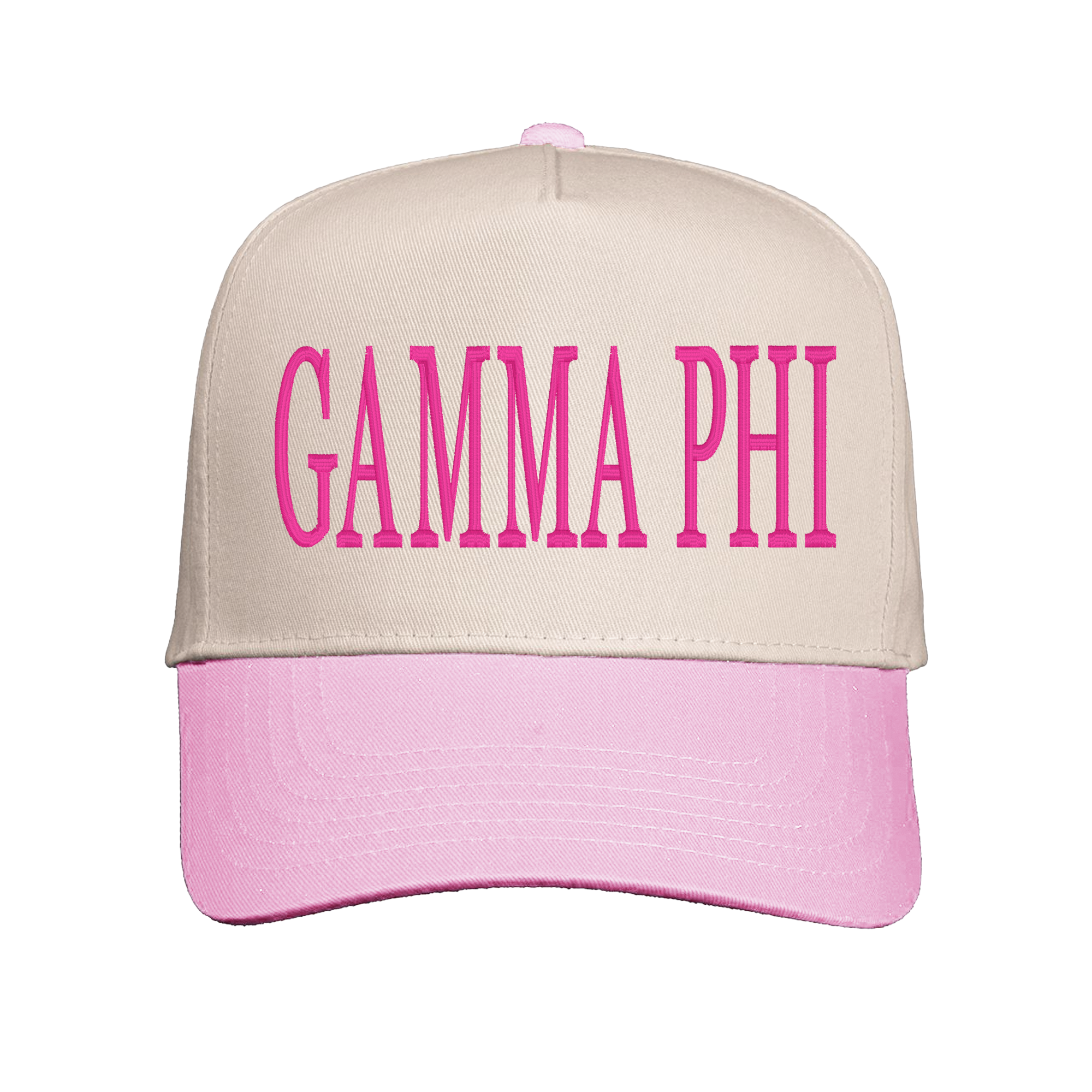 A beige baseball cap with pink text that says "GAMMA PHI".
