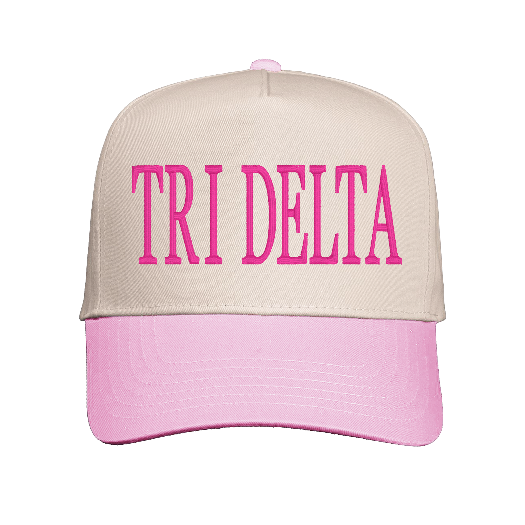 A beige baseball cap with pink text that says "TRI DELTA" on it.