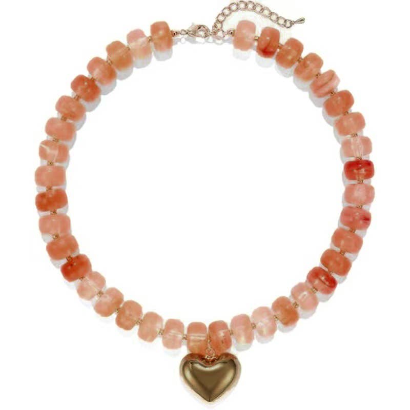 Colorful Resin Bead Necklace with Gold Heart-Shaped Pendant