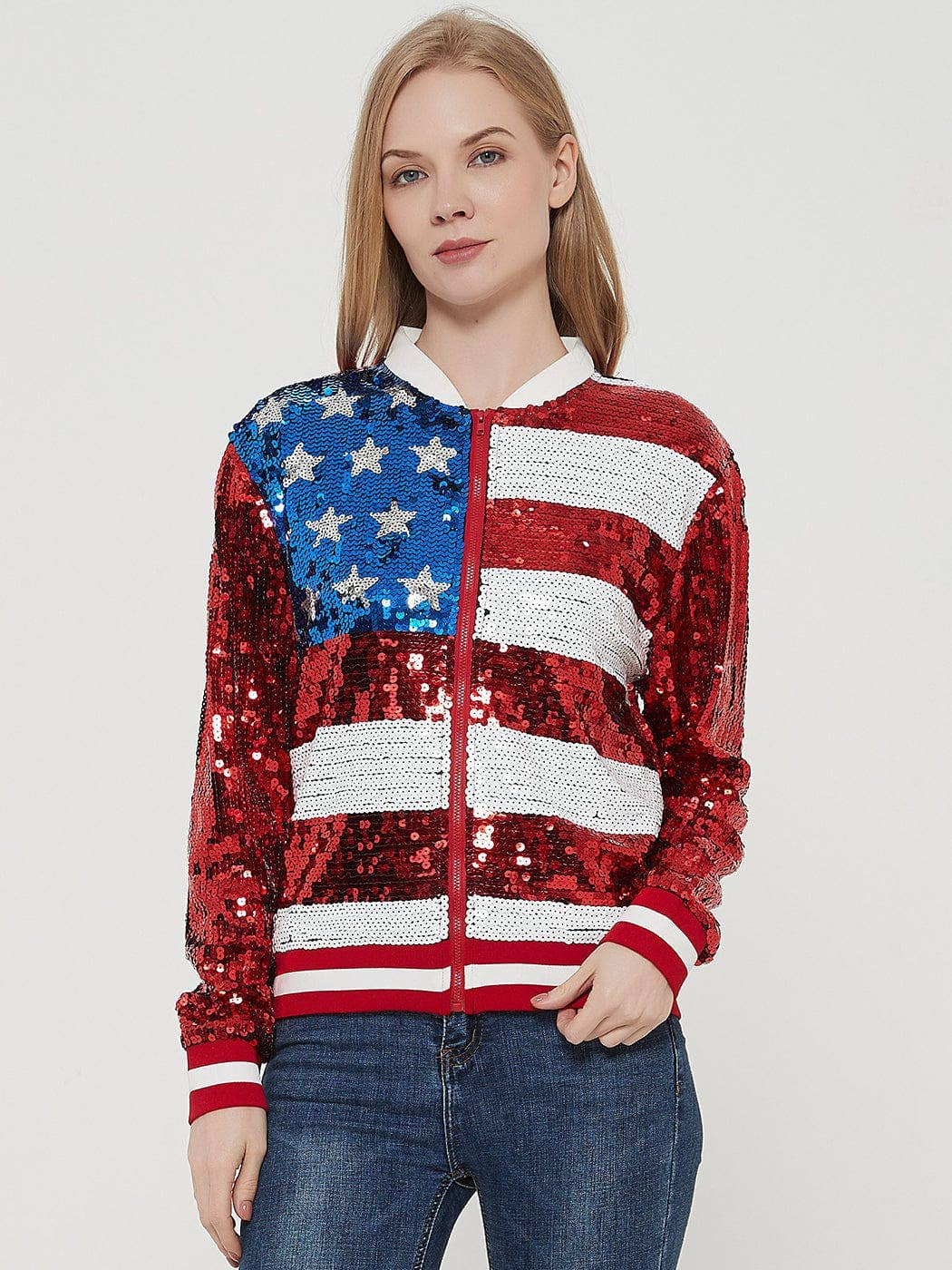 Game Day Sequin Bomber Zip-Up Jacket
