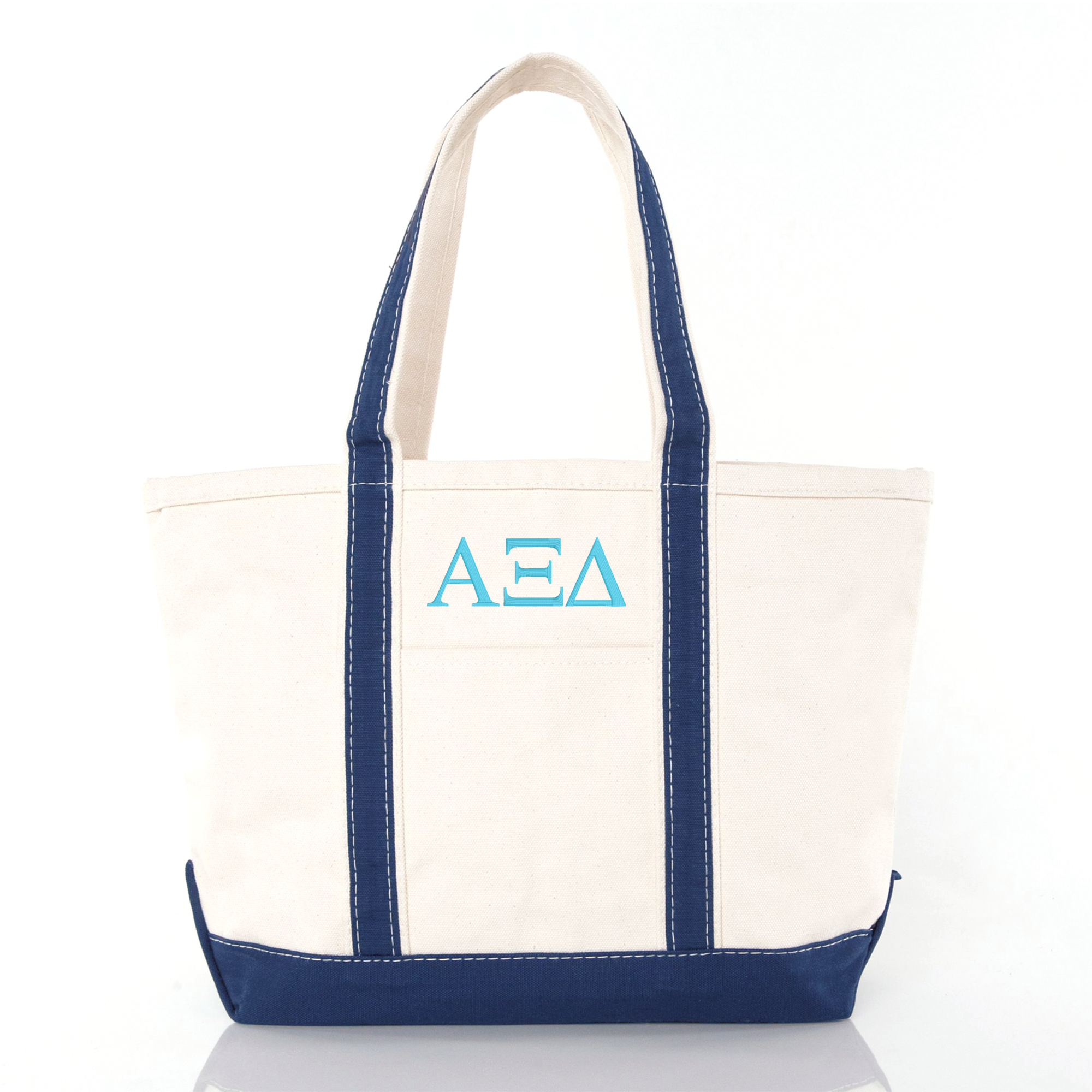 A white tote bag with navy blue trim and the letters 'AEA' printed on it.