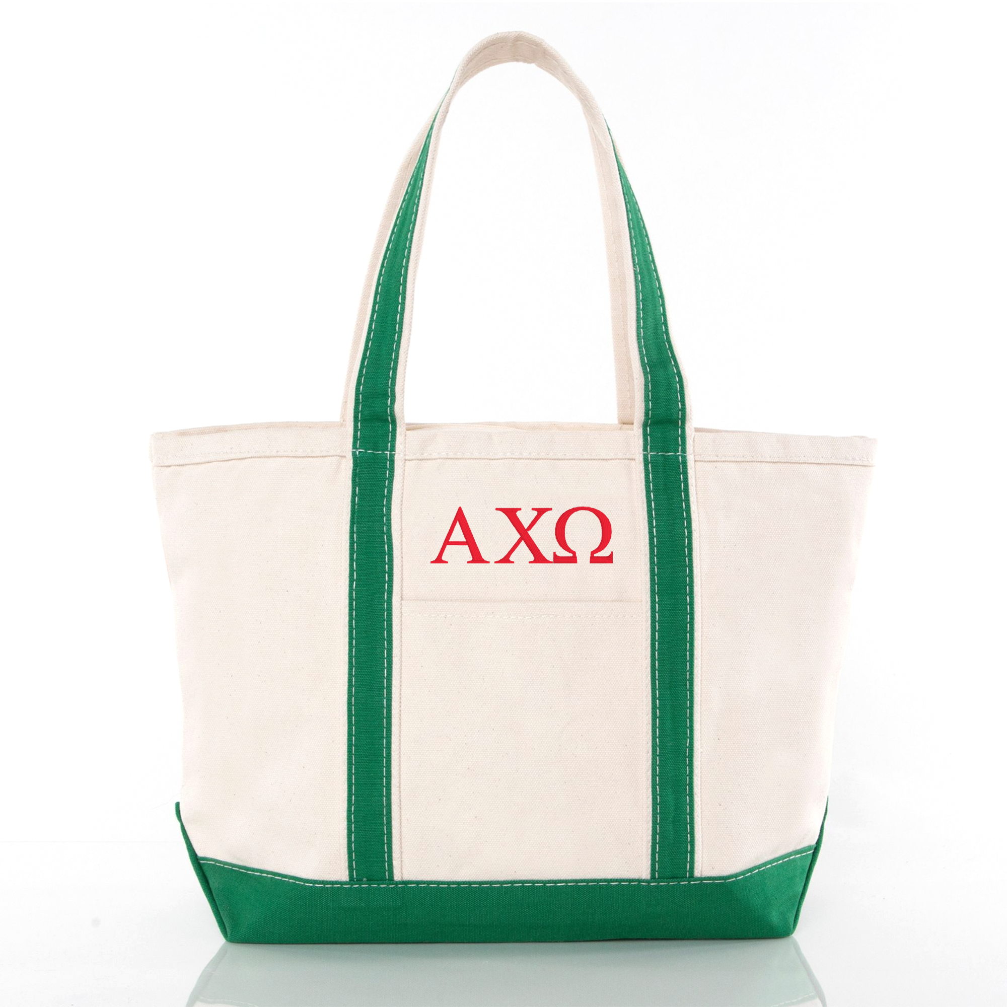 A beige tote bag with green trim and the letters 'AXQ' printed on it.