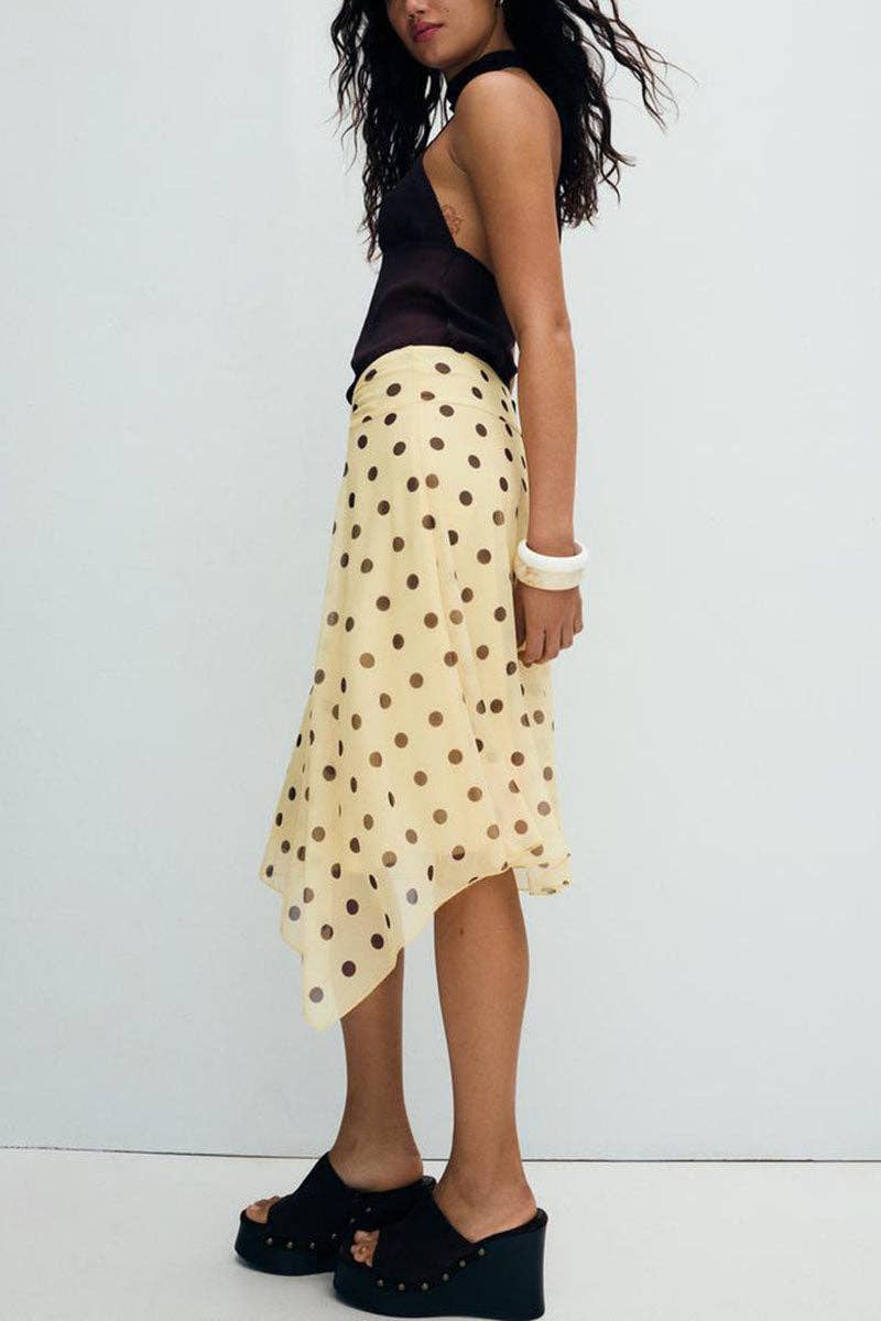 Polka Dot Asymmetrical Hem Midi Skirt