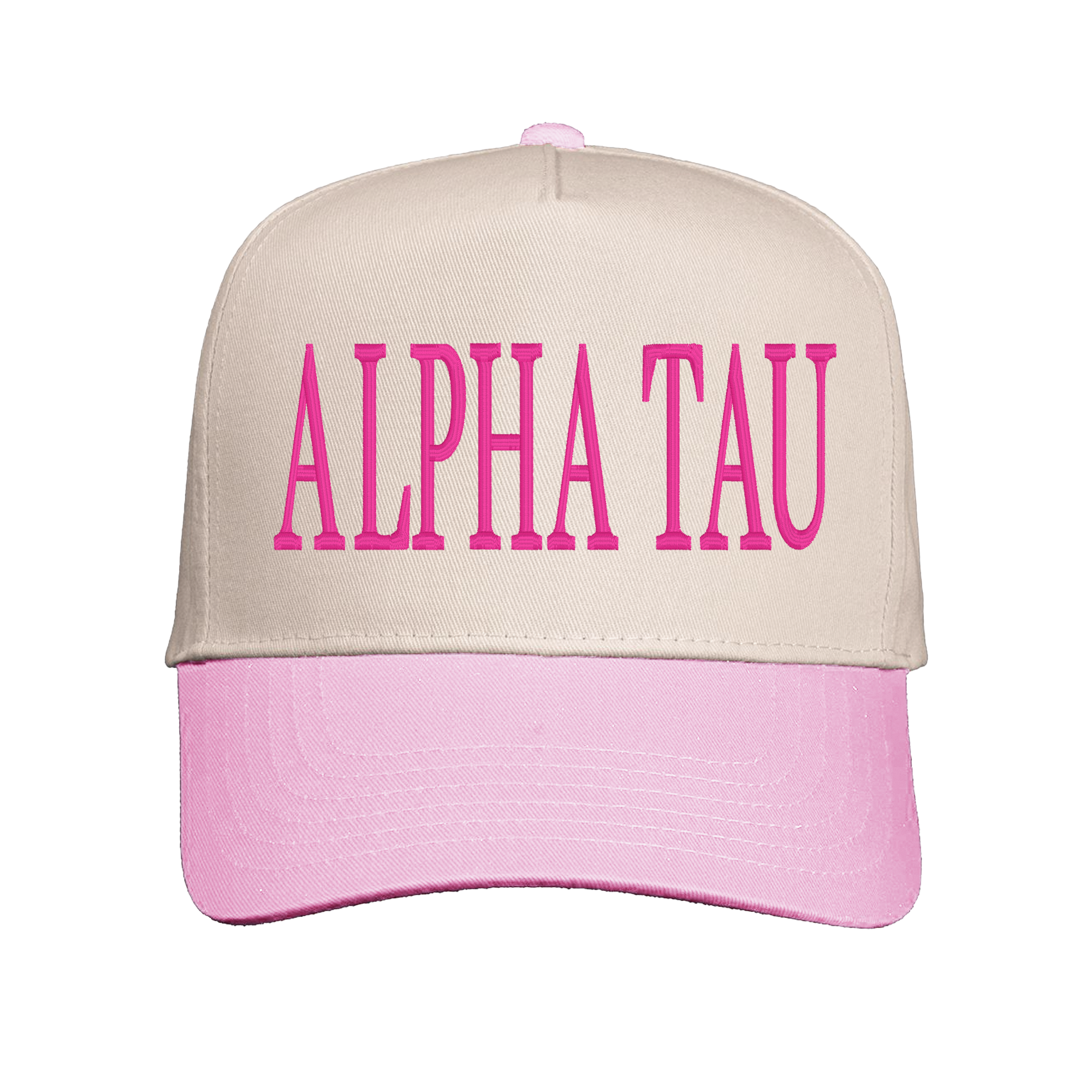 A pink and beige baseball cap with the text "ALPHA TAU" printed on it.