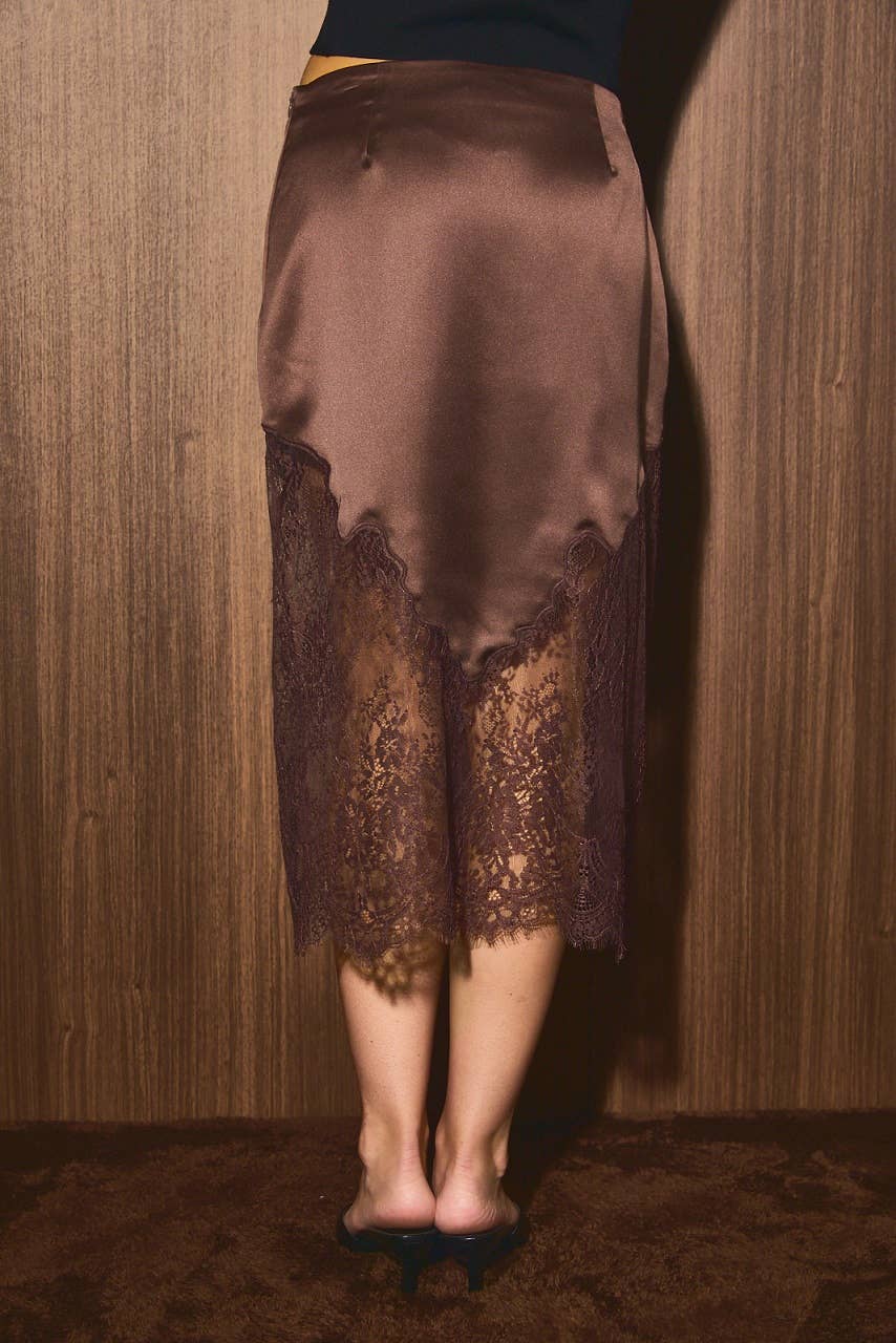 LACE TRIM SATIN MIDI SKIRT