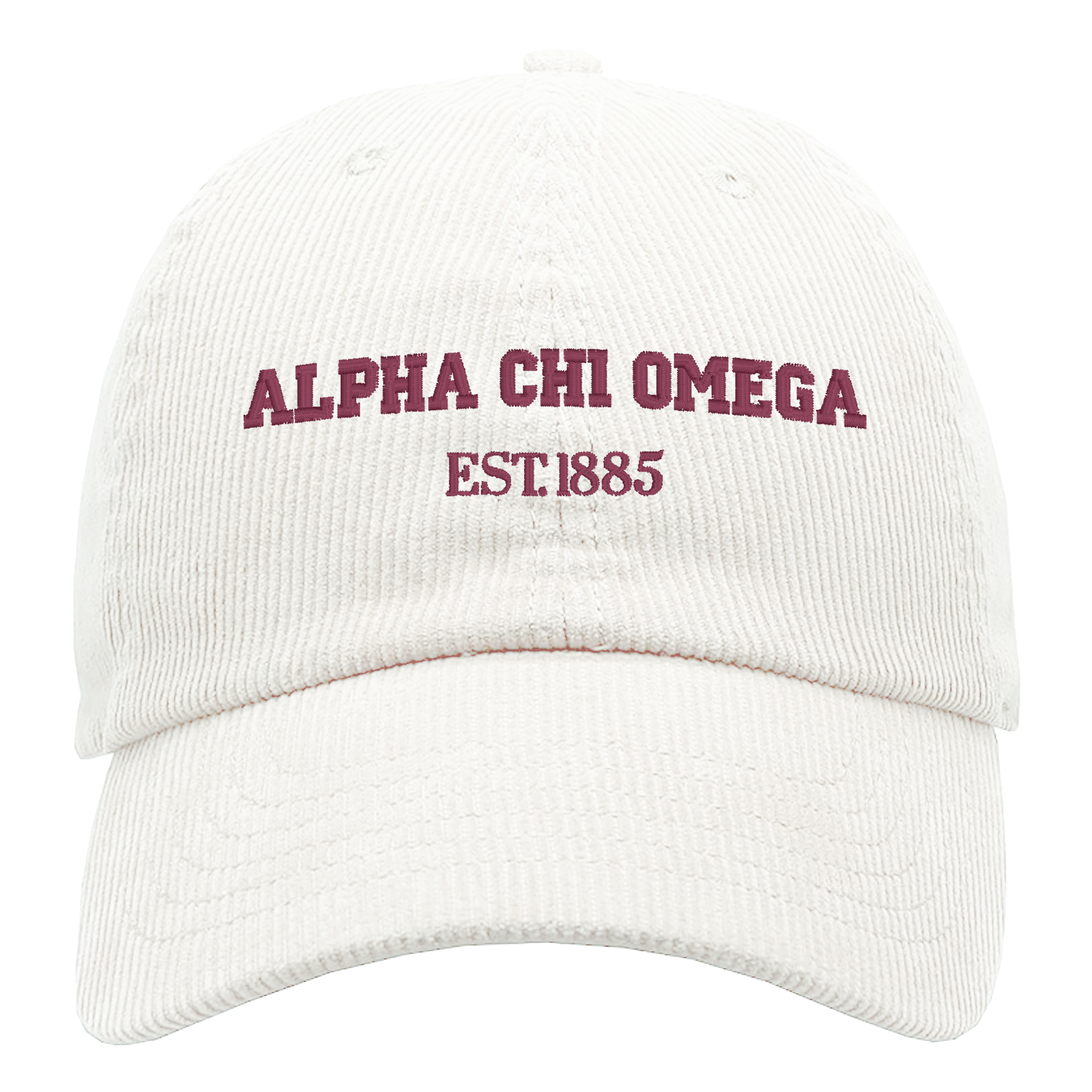 a white hat with the word,'alpha chi omega est 865 '