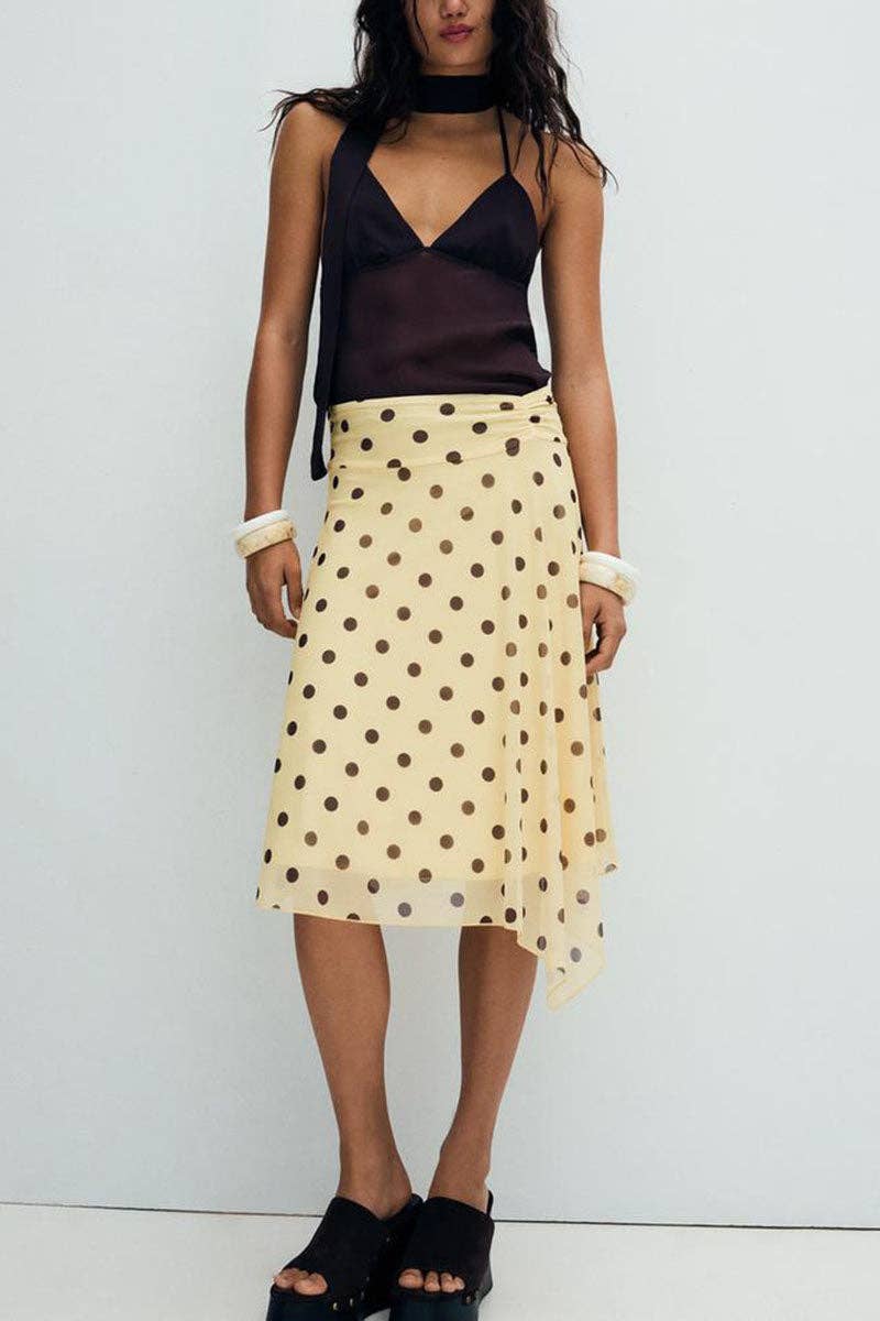 Polka Dot Asymmetrical Hem Midi Skirt