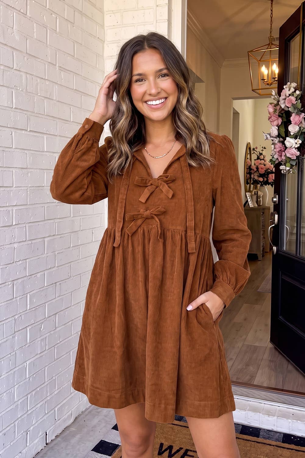 Retro Bow Knot Front Corduroy Mini Dress