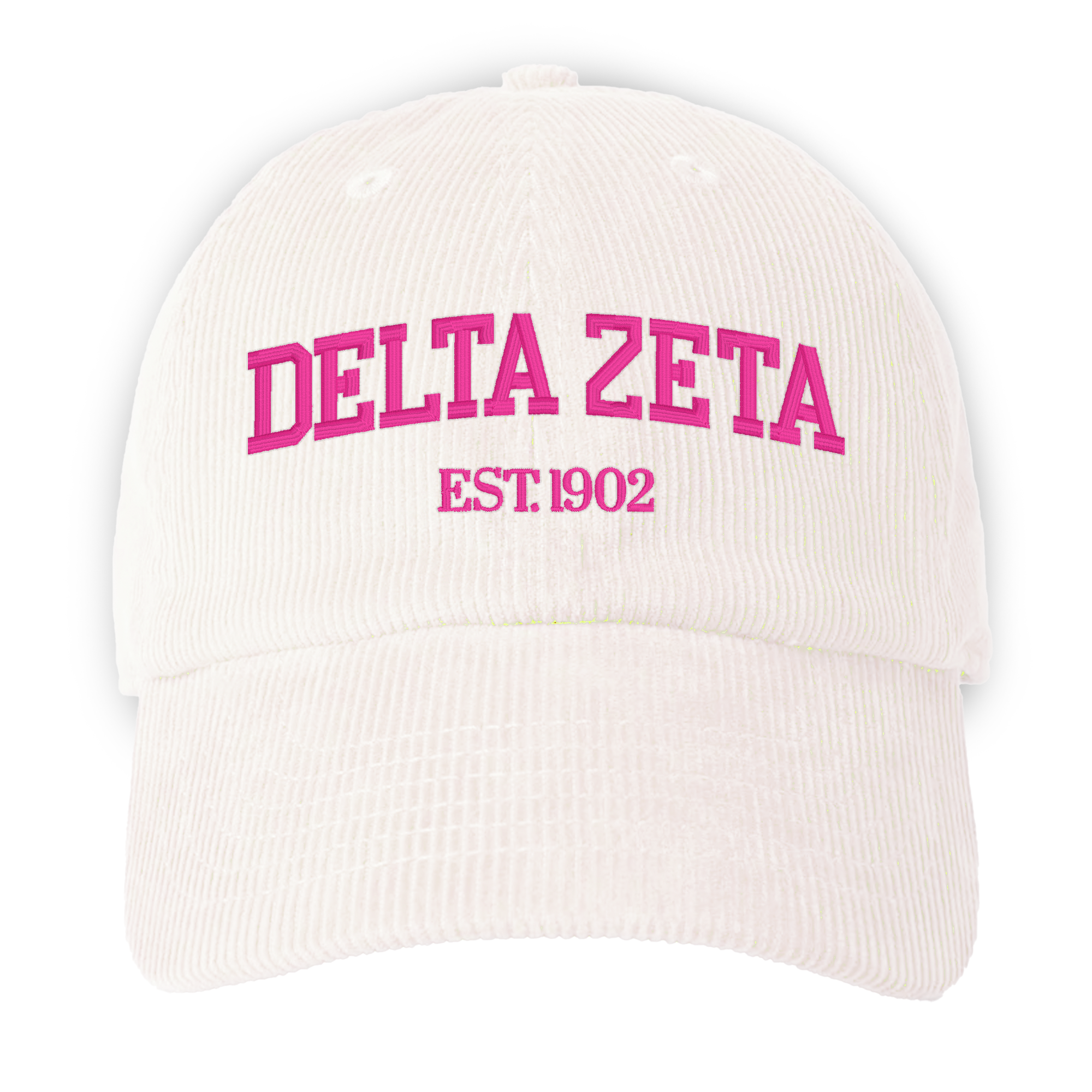 a white hat with a pink delta zeta embroidered on it
