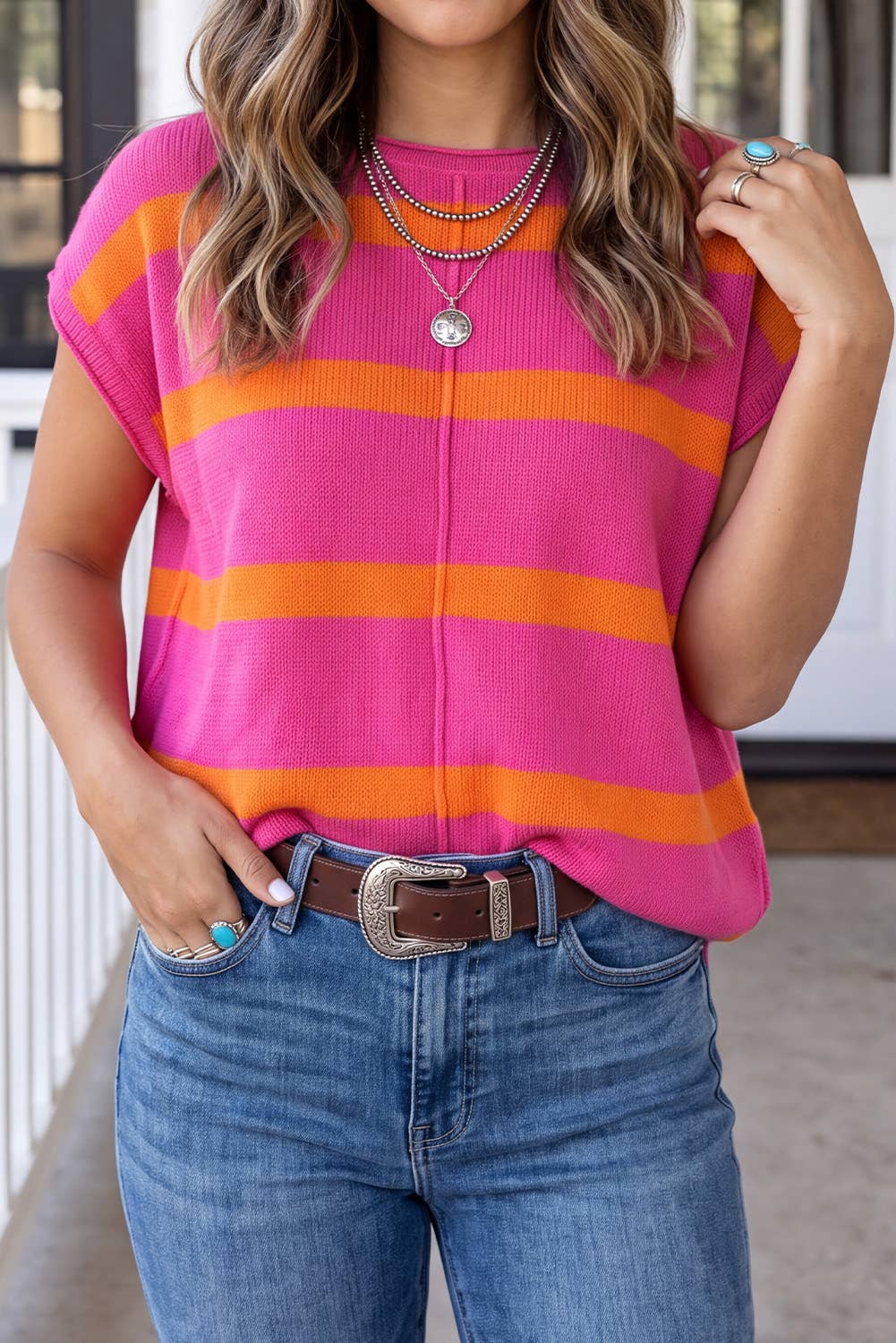Striped Cap Sleeve Knit Sweater