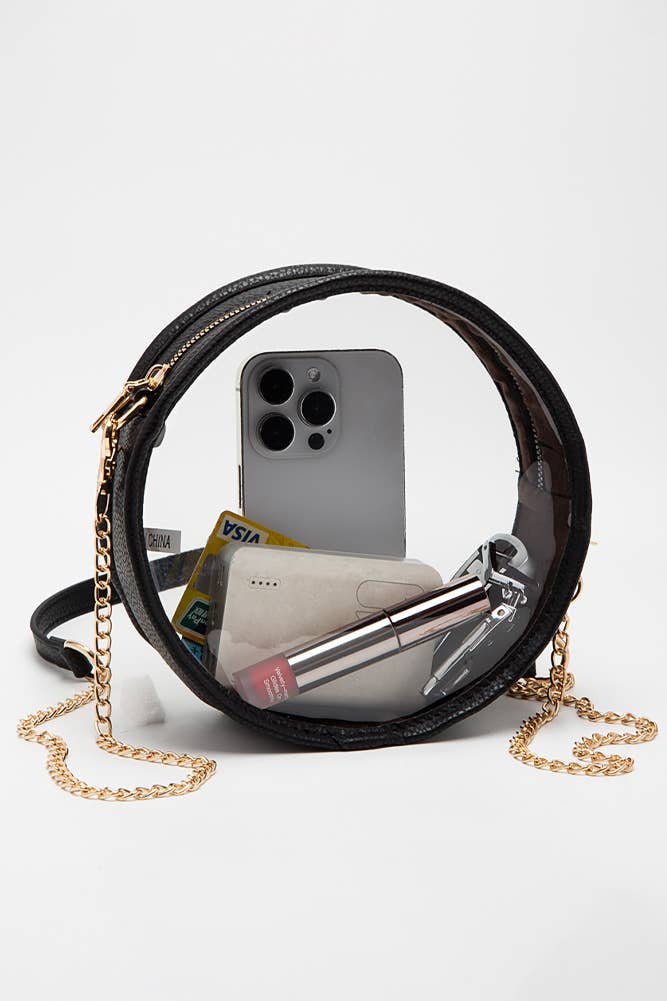 Solid Color Trim Clear Round Crossbody Bag: Gold