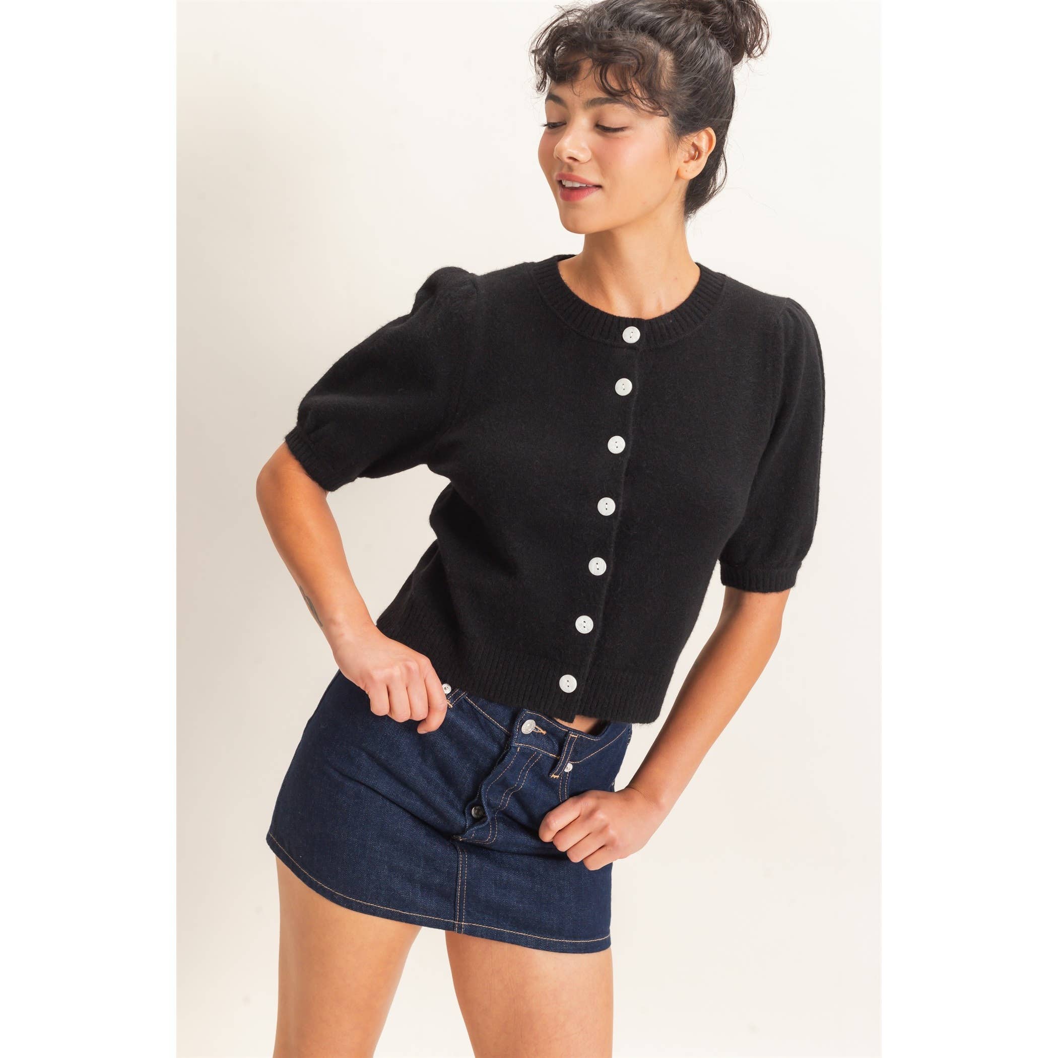 Button Front Puff Short Sleeve Cardigan