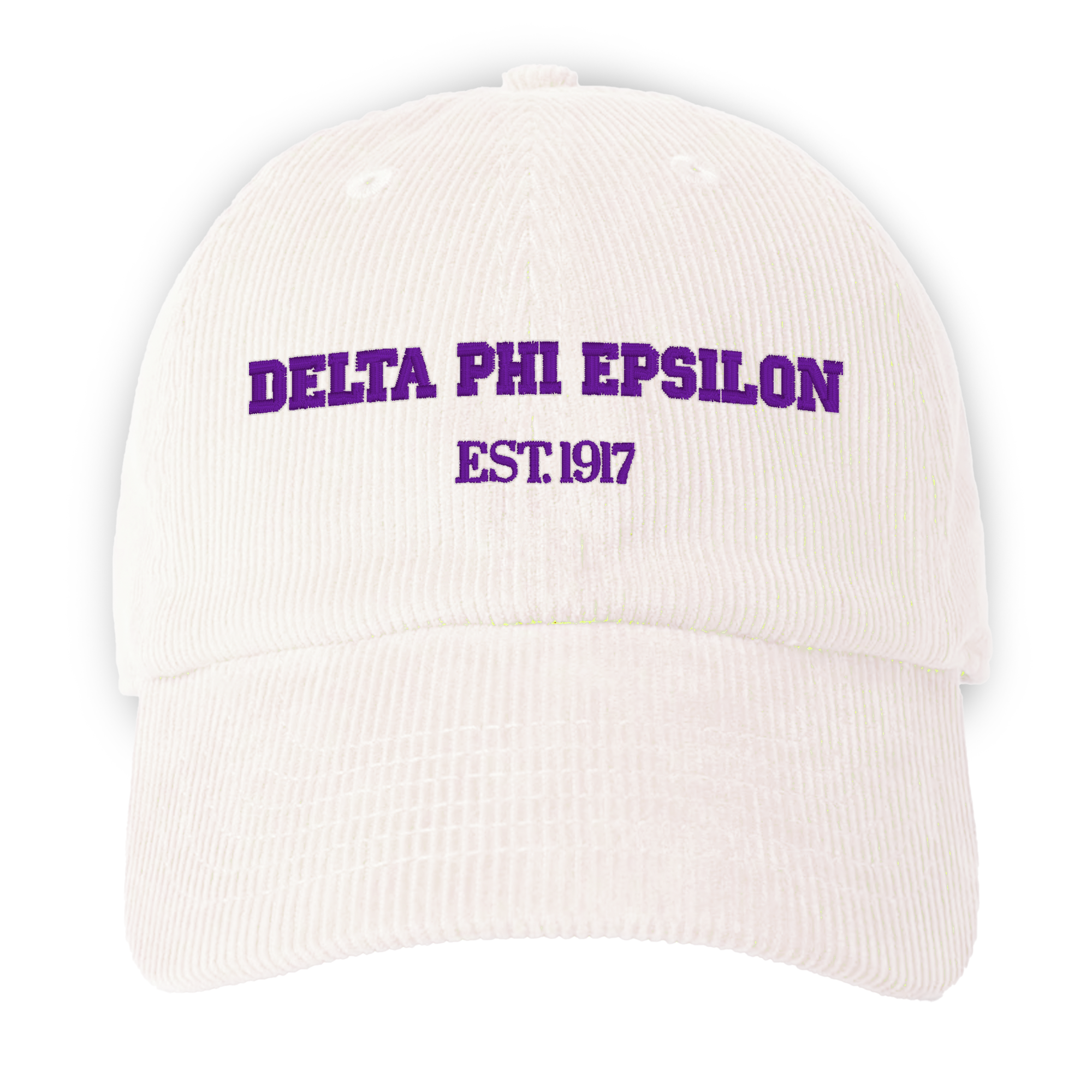 a white hat with the delta phi epsilon est 1017 embroidered on it