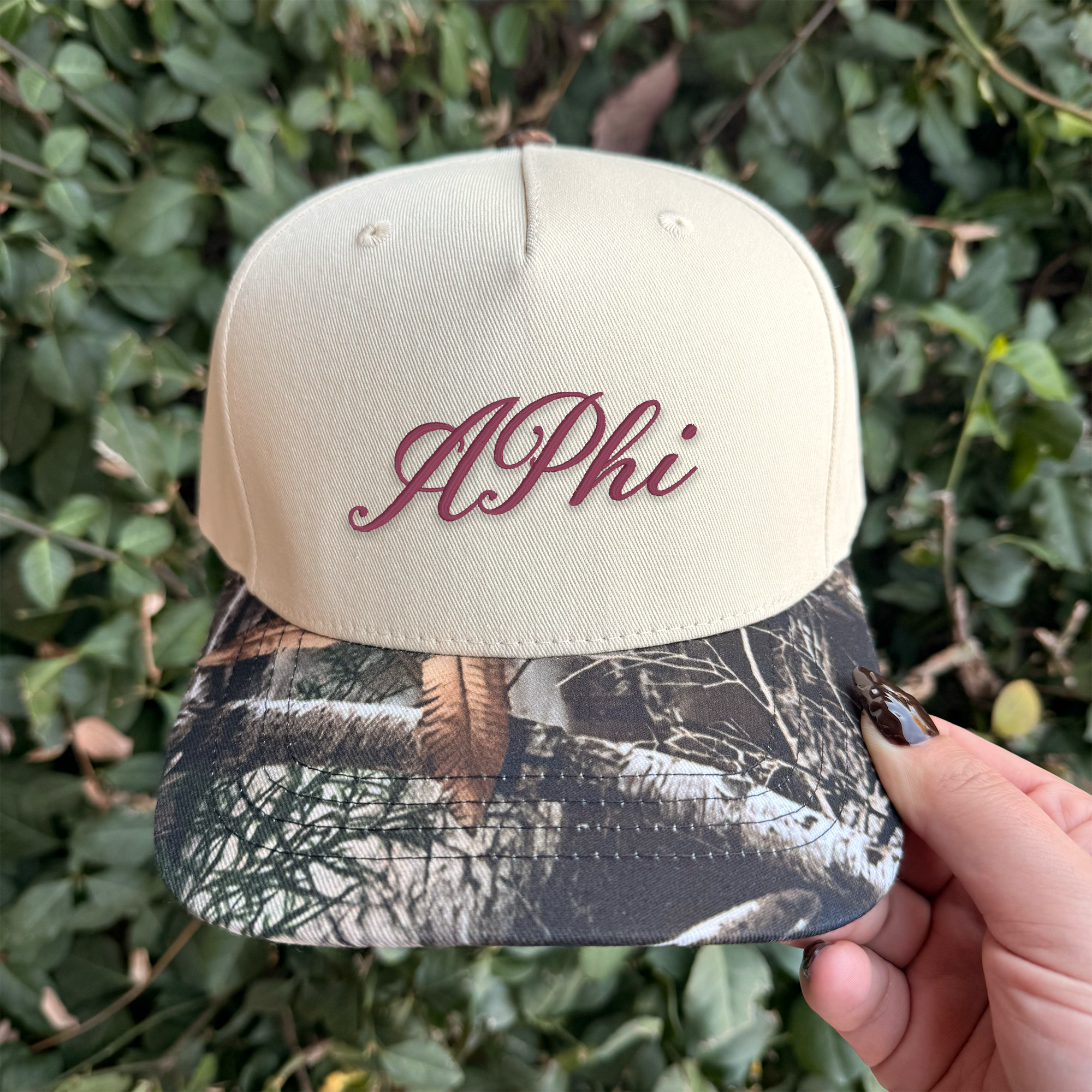 Alpha Phi Embroidered Camo Hat – Two Toned Hat