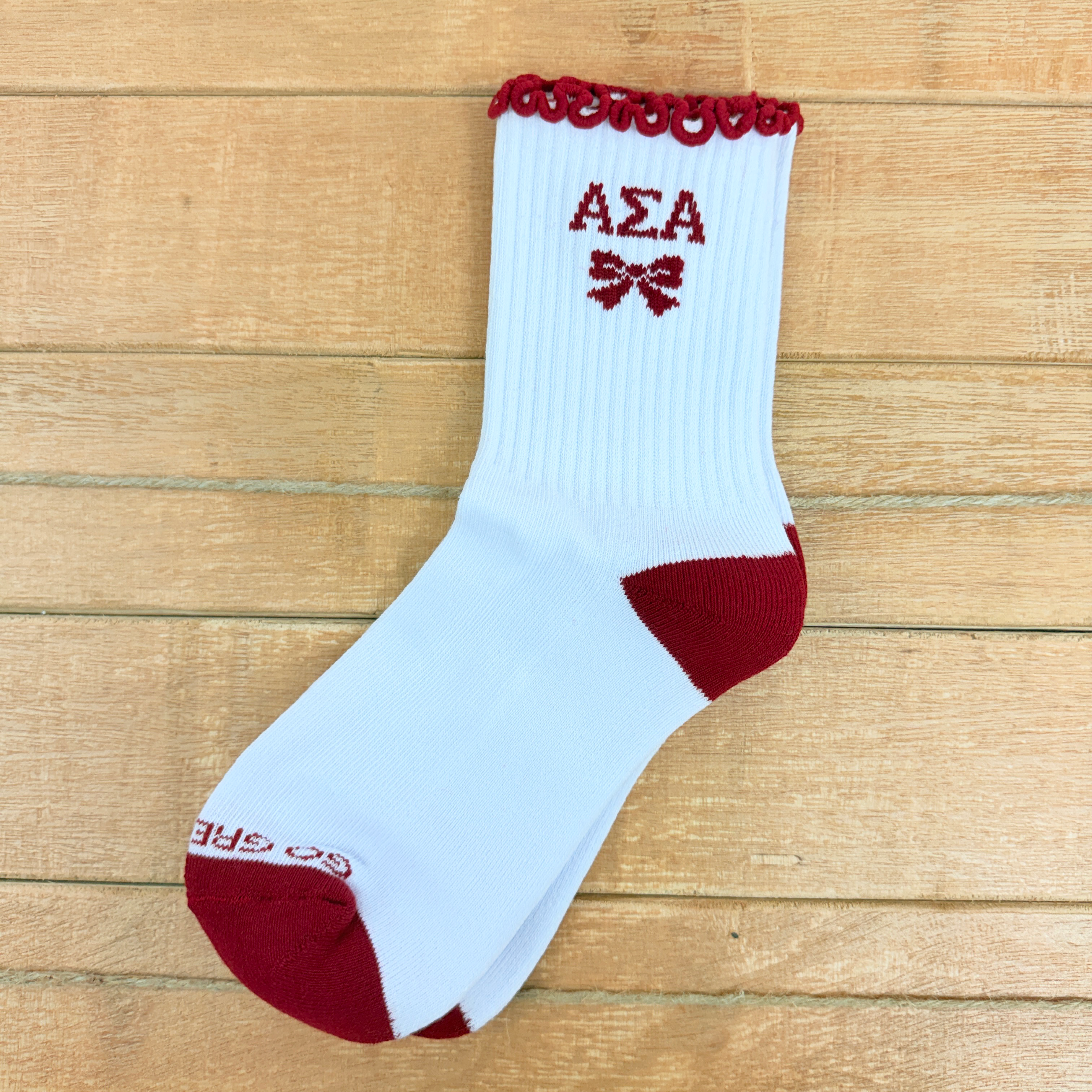 Alpha Sigma Alpha Coquette Bow Ruffle Crew Socks, Frilly White and Maroon Sorority Socks