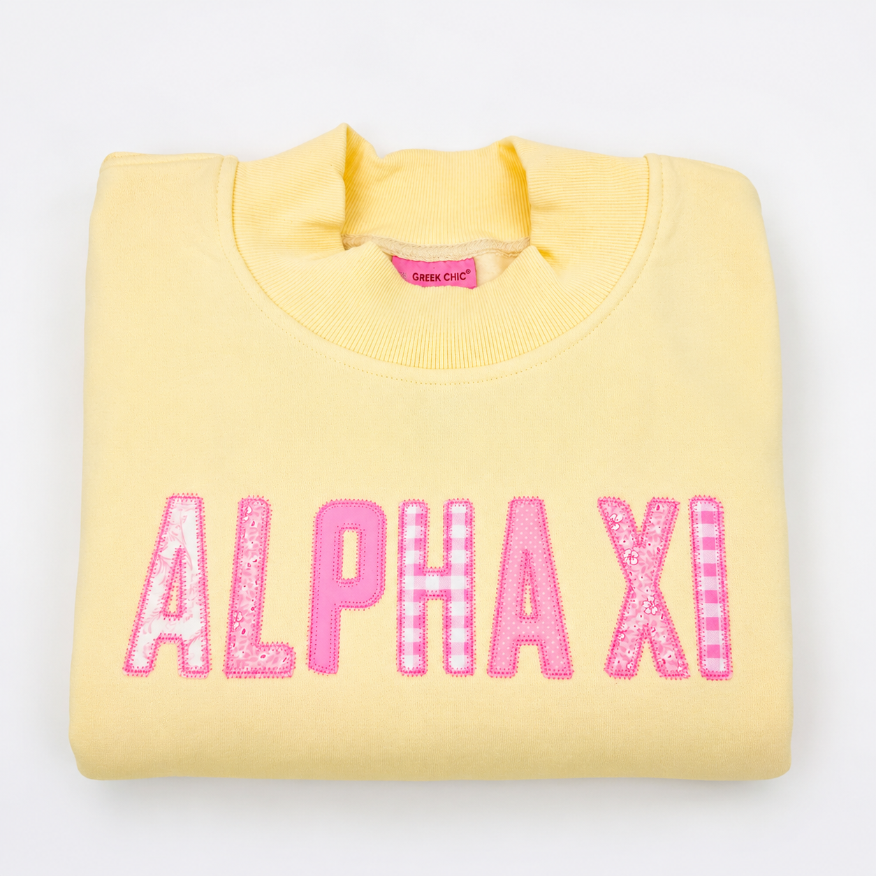 Alpha Xi Delta Pink Patchwork Applique Mock Neck Sweatshirt, Embroidered Butter Crew Neck