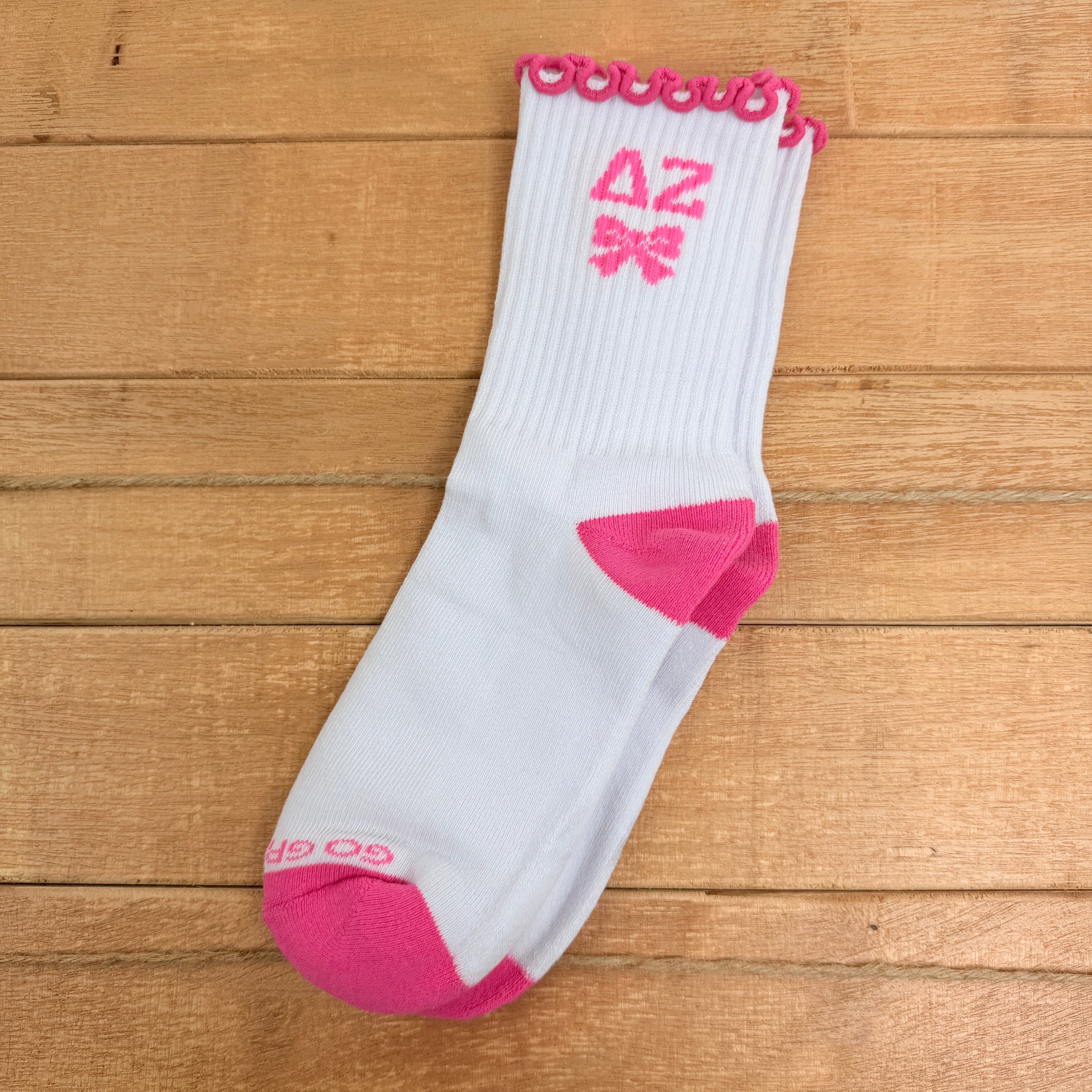 Delta Zeta Coquette Bow Ruffle Crew Socks, Frilly White and Pink Sorority Socks