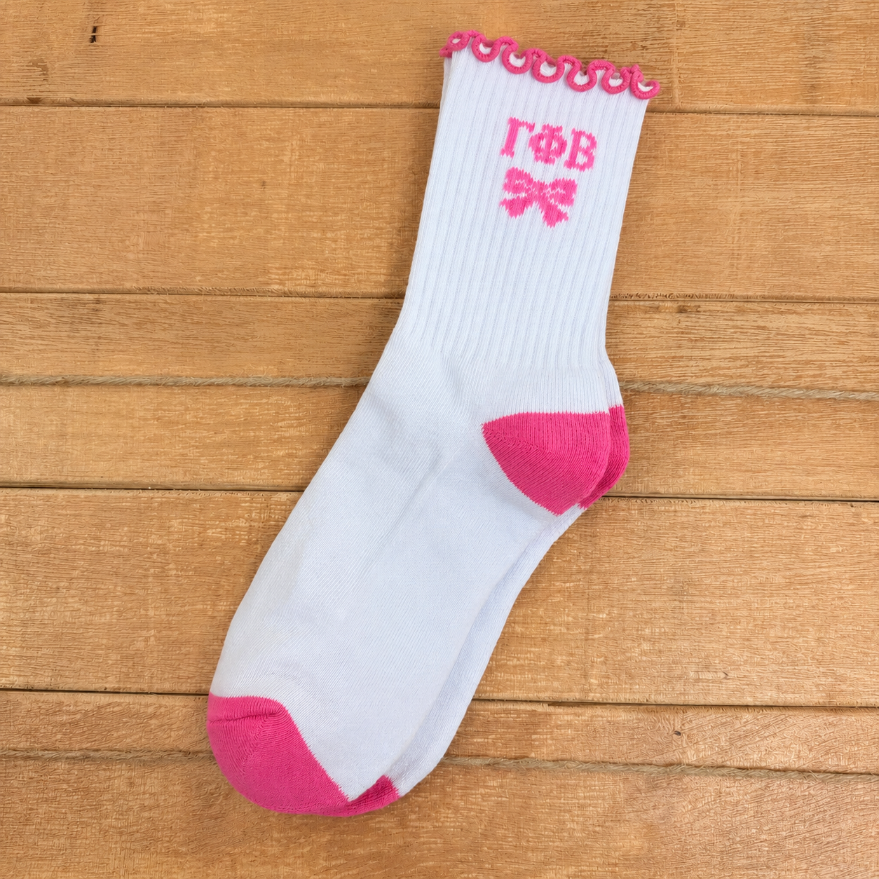 Gamma Phi Beta Coquette Bow Ruffle Crew Socks, Frilly White and Pink Sorority Socks